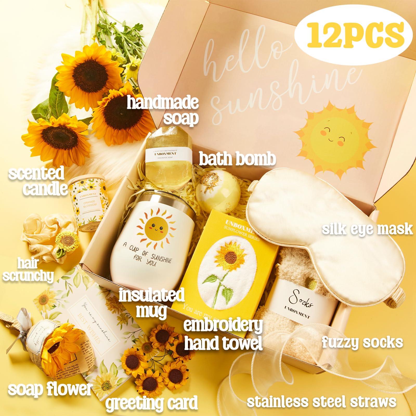 Unboxment Sunflower Gifts For Women, Sending Sunshine Gift Basket, Get Well Soon Gifts For Sick Friend, Feel Better Care Package