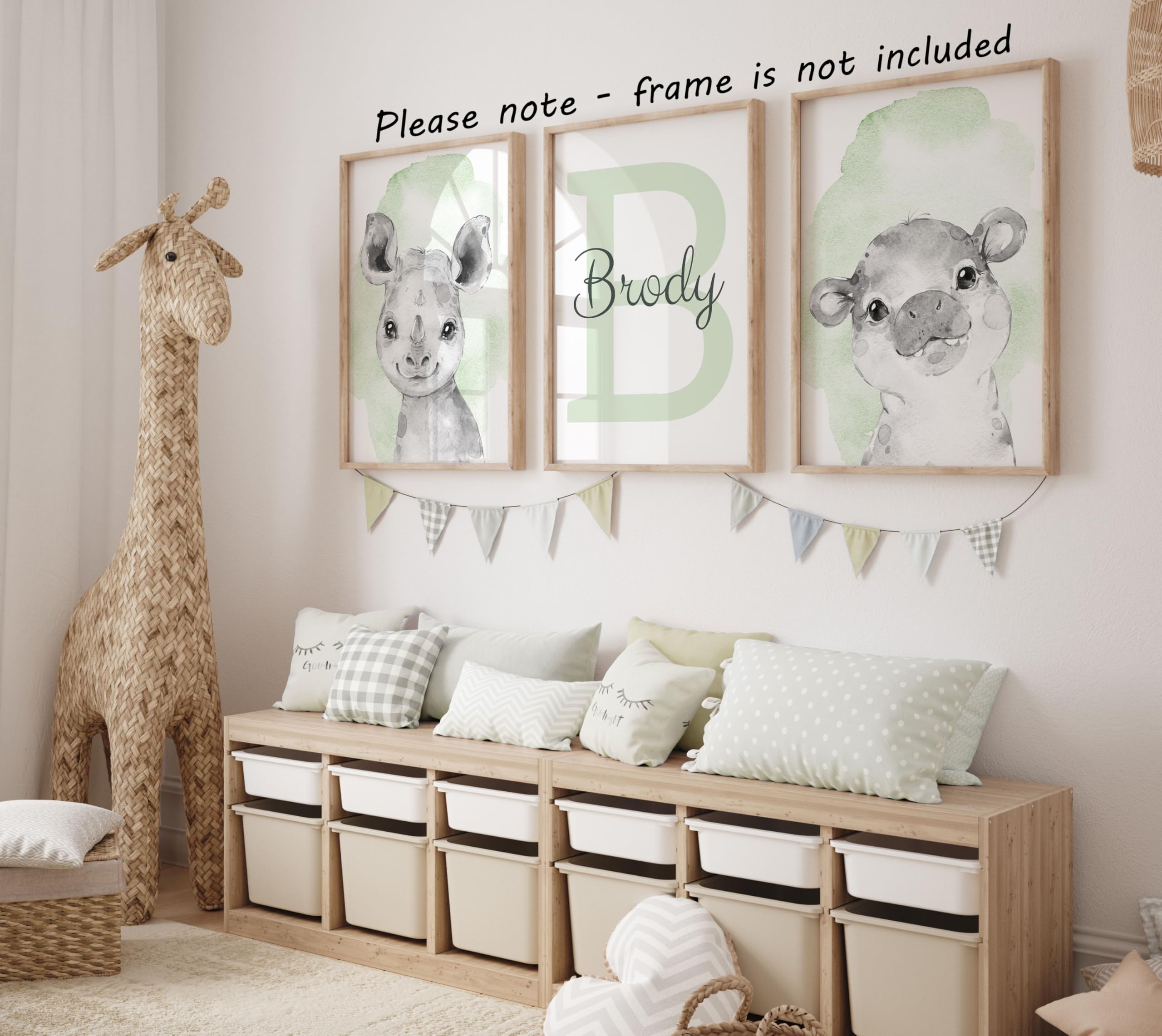 Personalized Safari Animals for Baby Boy Girl Nursery Bedroom  Unframed Set of 3 Poster Prints  Personalized Name Gray Blue Green Yellow Watercolour Splash Wall Art Decor  Gift Present  Elephant Giraffe Lion (12x16)