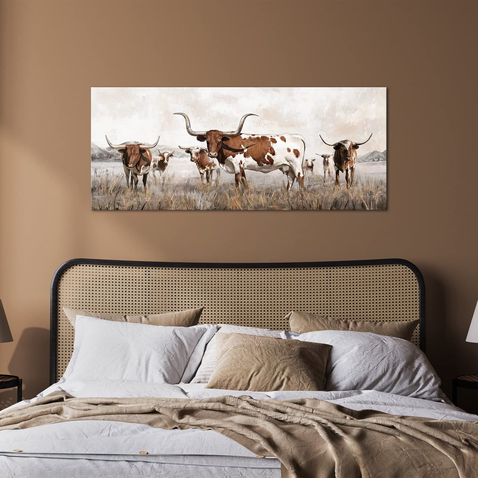 Visual Art Decor Large Texas Longhorn Canvas Wall Art Decor Western Farmhouse Cow Cattle Picture Art Prints for Living Room  Kitchen  Bedroom  Office & Home Decor Gift Ready to Hang (Brown)