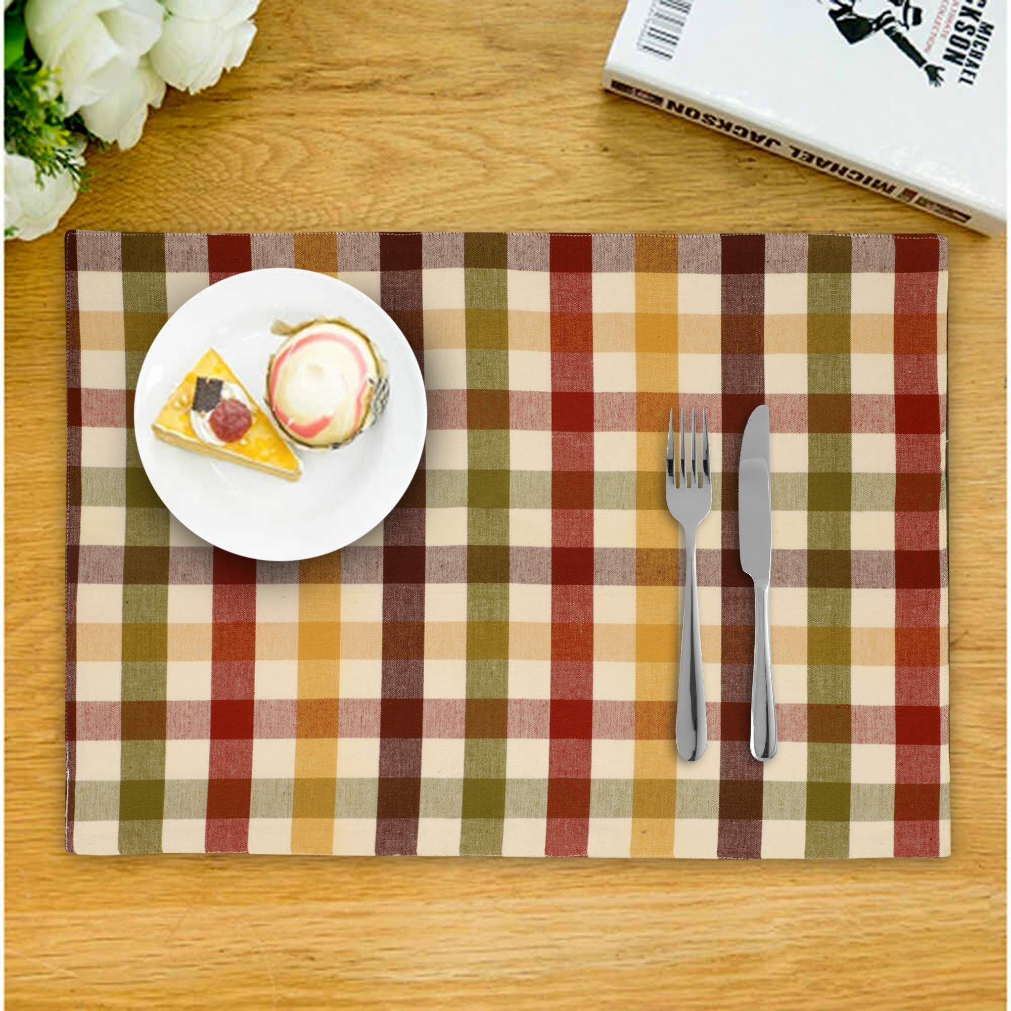 Urban Villa Cotton Place Mats Set of 6, 14"x20", Harvest Checks, Buffalo Check Plaid, Heavy Quality, Everyday Use