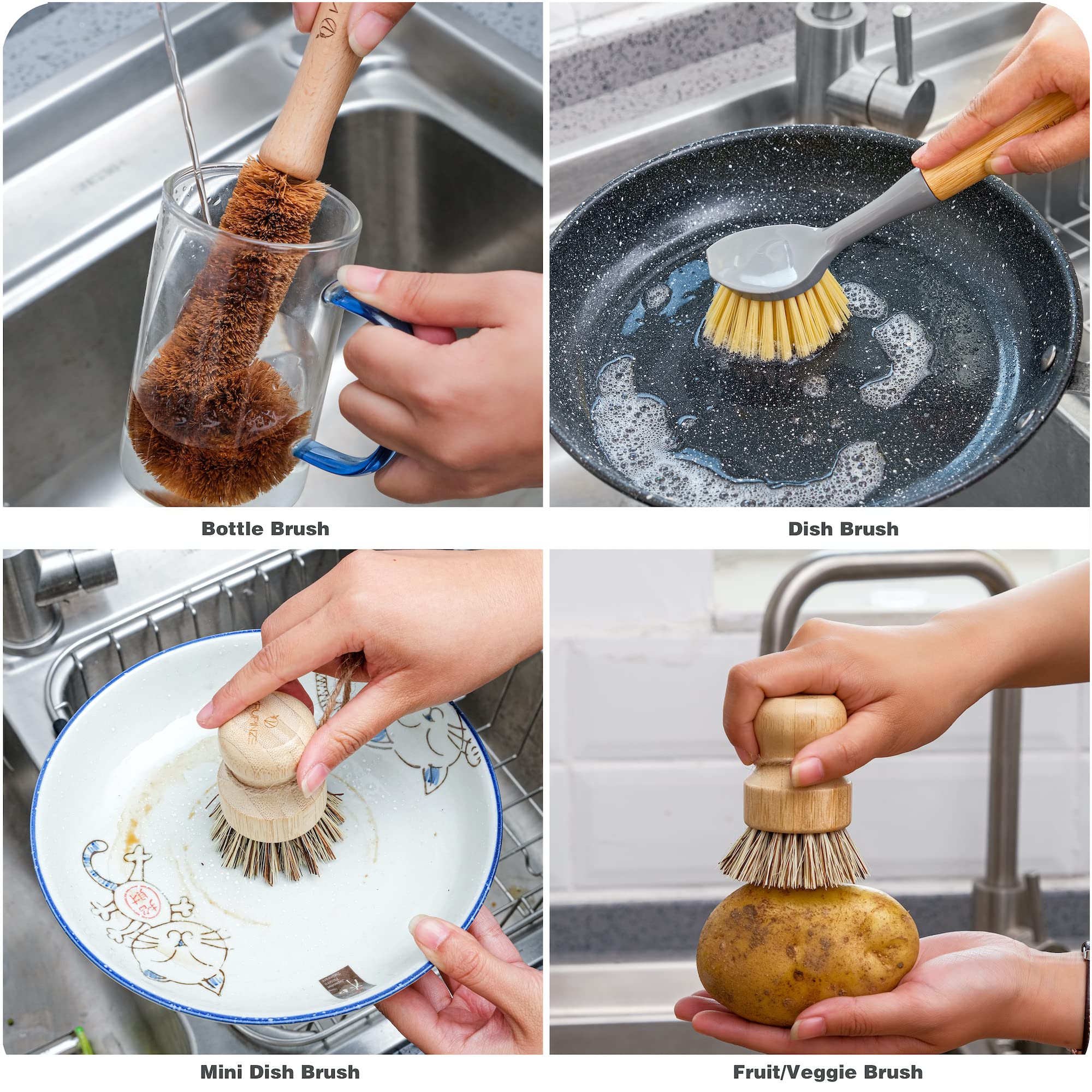 Vrupinze Natural Bamboo Dish Brush Bottle Scrub Brush 4-Piece Set, With Ceramic Soap Dispenser - Wooden Washing Up Brushes With