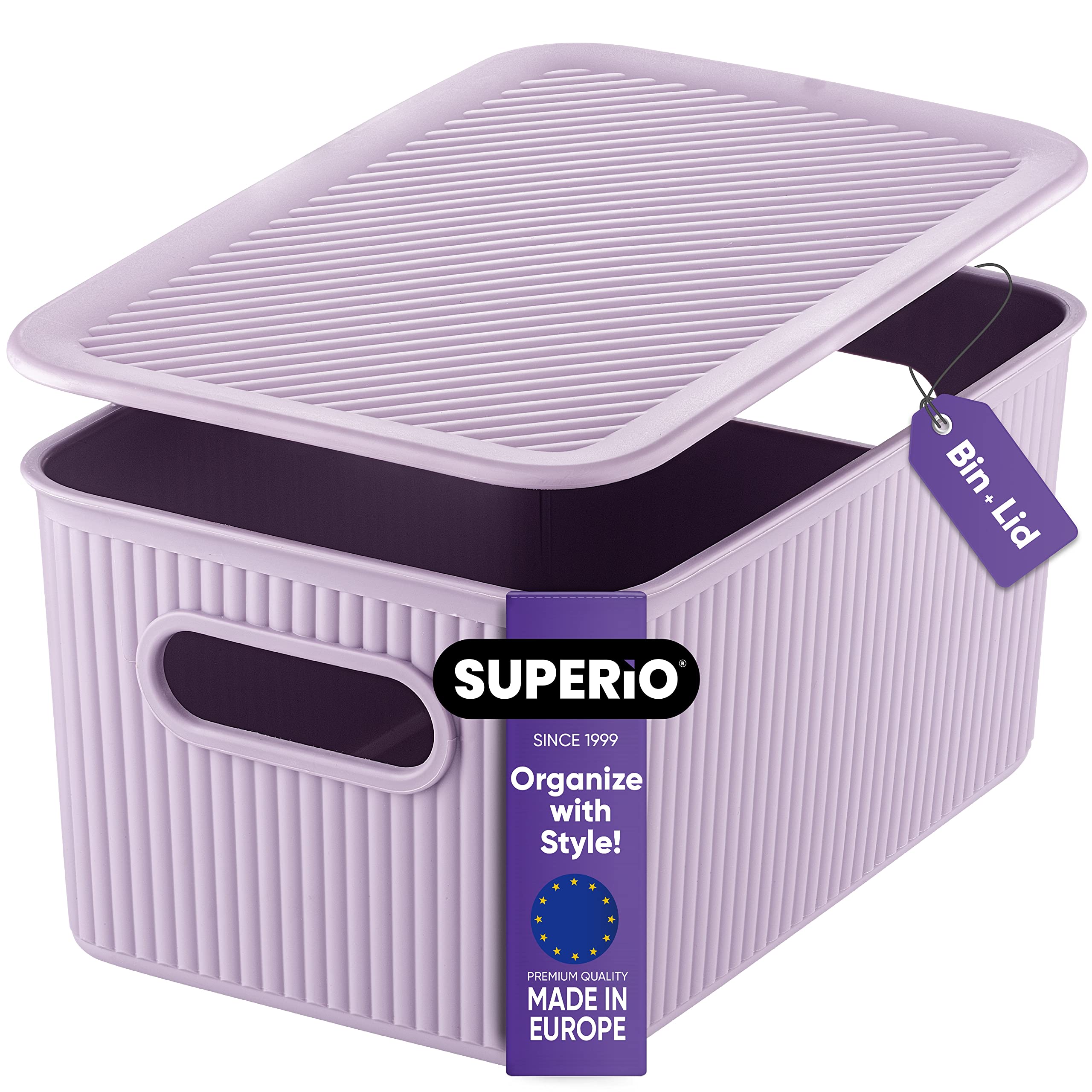 Superio Ribbed Collection - Decorative Plastic Lidded Home Storage Bins Organizer Baskets, Medium Lilac Purple (1 Pack - 5 Liter
