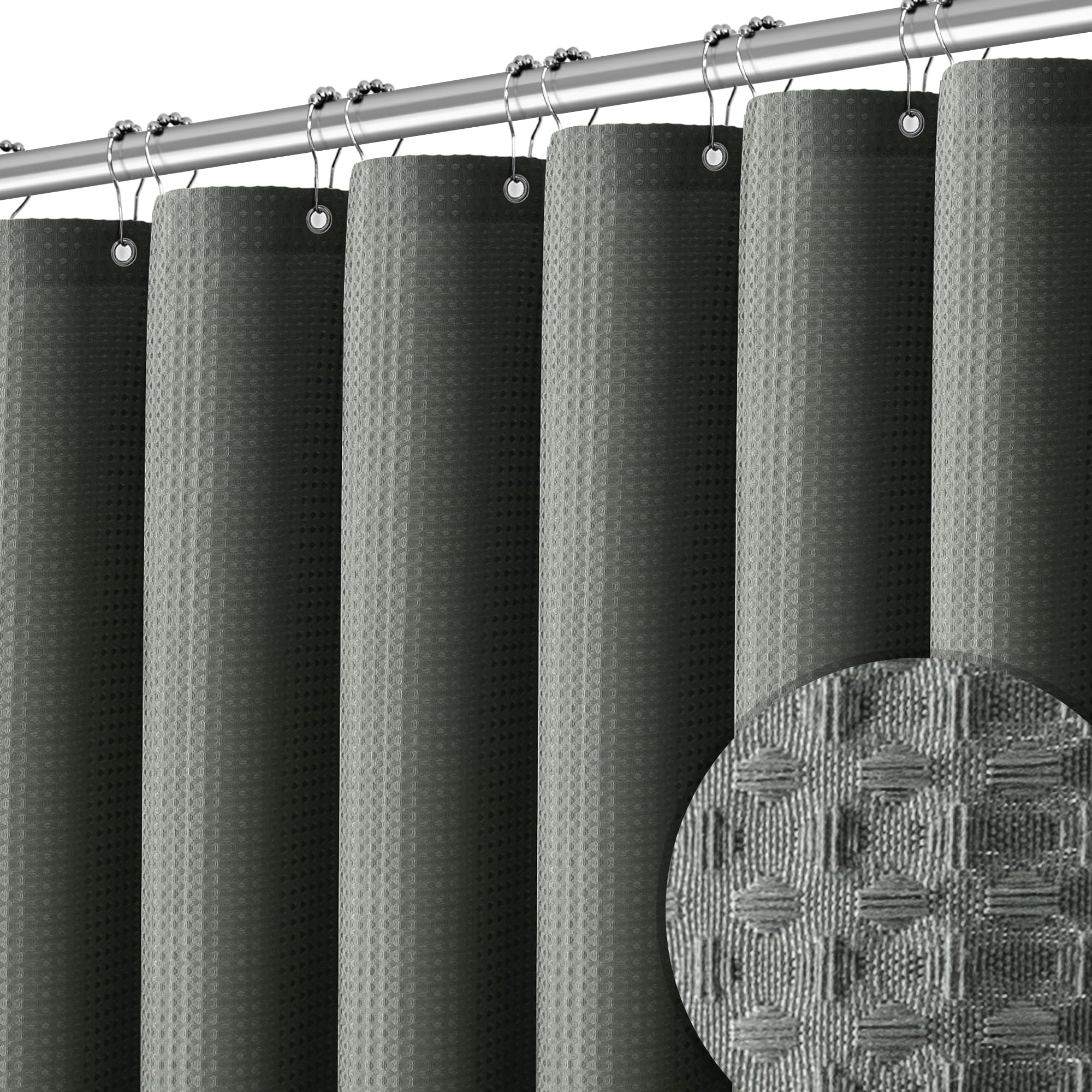 Pangsinne Shower Curtain Gray Waterproof Waffle Weave Fabric, 256Gsm Heavy Duty Thick Shower Curtain Set For Bathroom, Hotel Spa