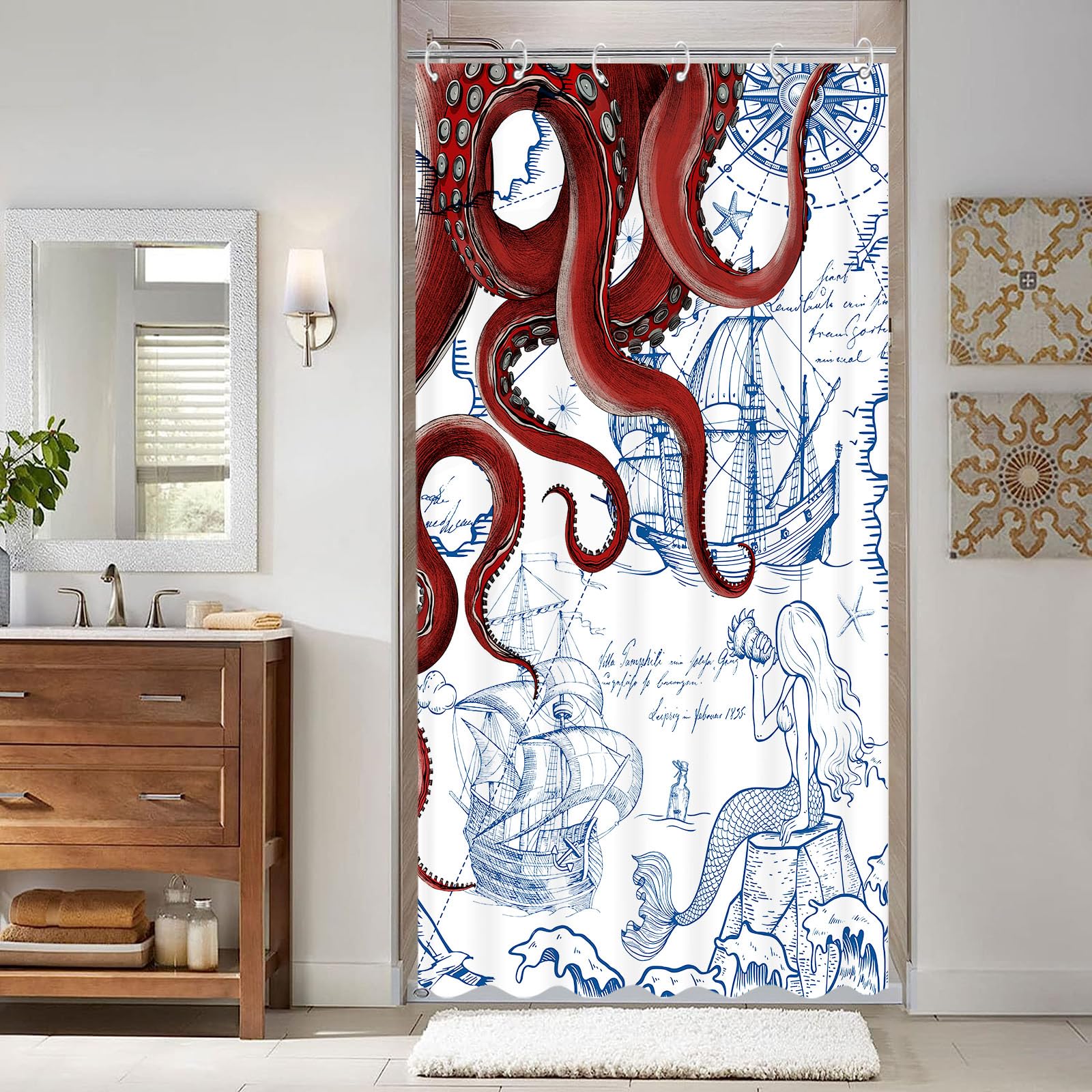 Fungarth Stall Red Nautical Octopus Shower Curtain Navy Blue Mermaid Funny Ocean Kraken Shower Curtains For Bathroom Cool Anchor