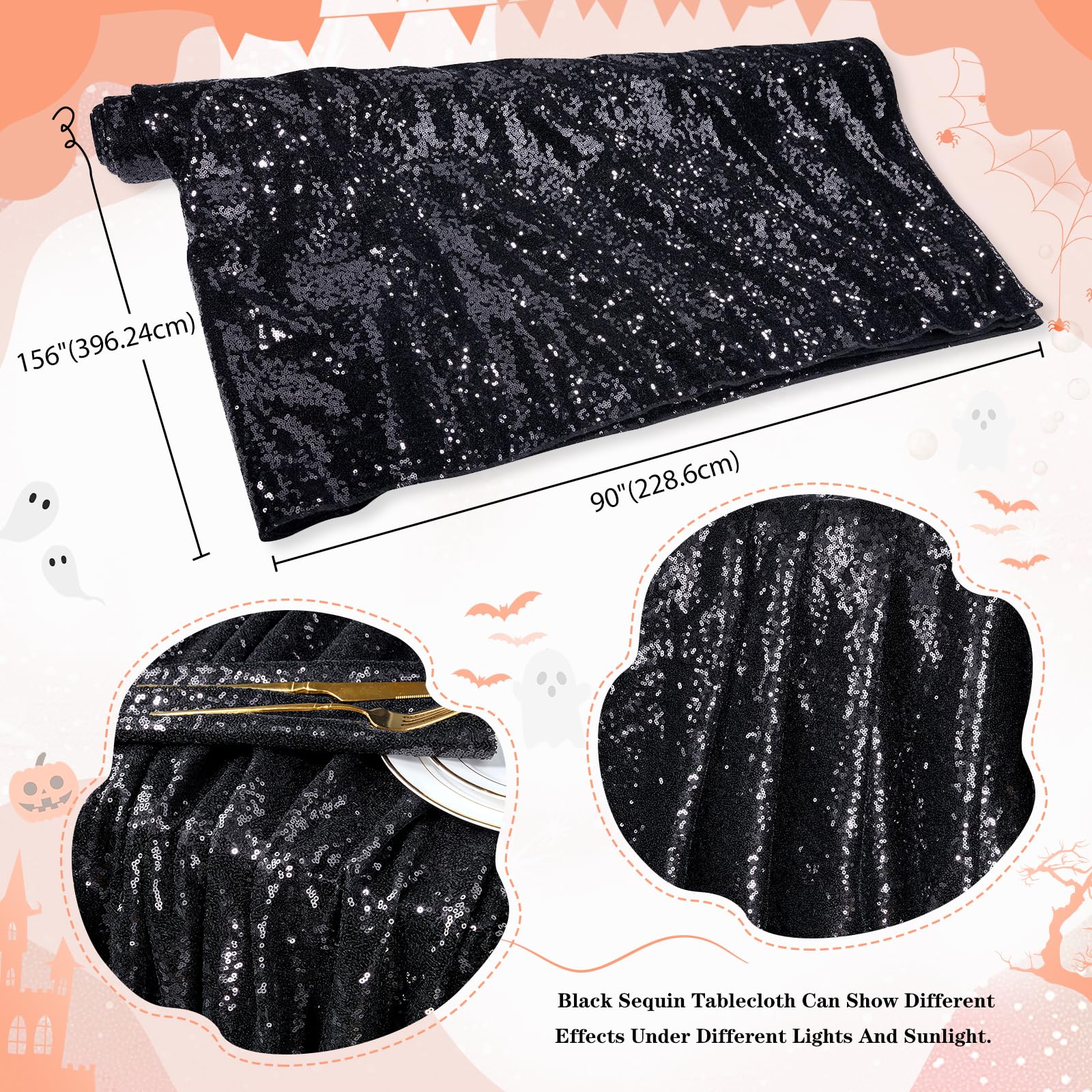 Queendream Tablecloth 90X156 Rectangle Sequin Tablecloth Black Wedding Table Linens Glitter Birthday Bridal Party Indoor Outdoor