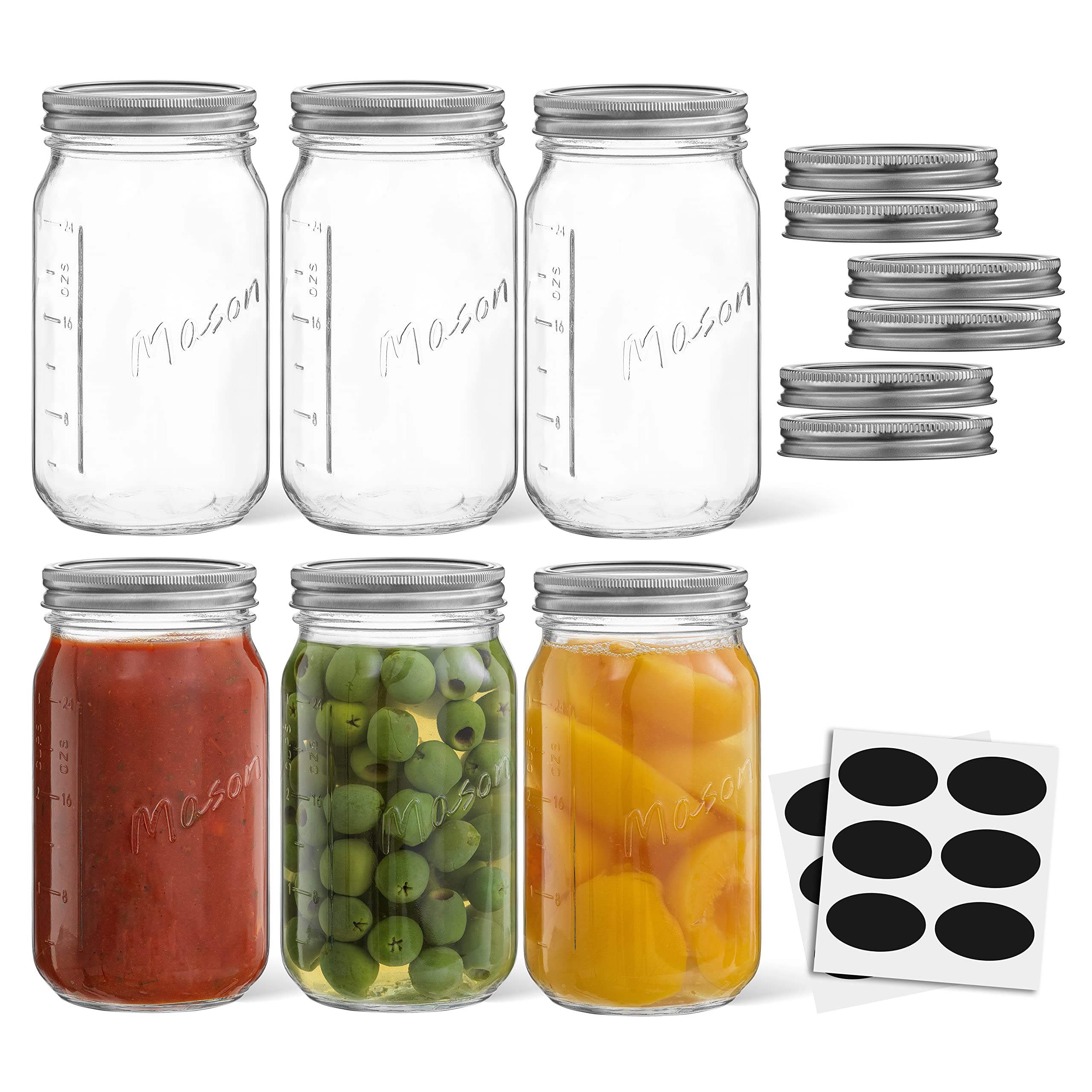 32 Oz Mason Jars With Lids, Labels And Measures 6-Pack Wide Mouth Mason Jars, Glass Jar With Lid And Band Airtight Canning Jars,