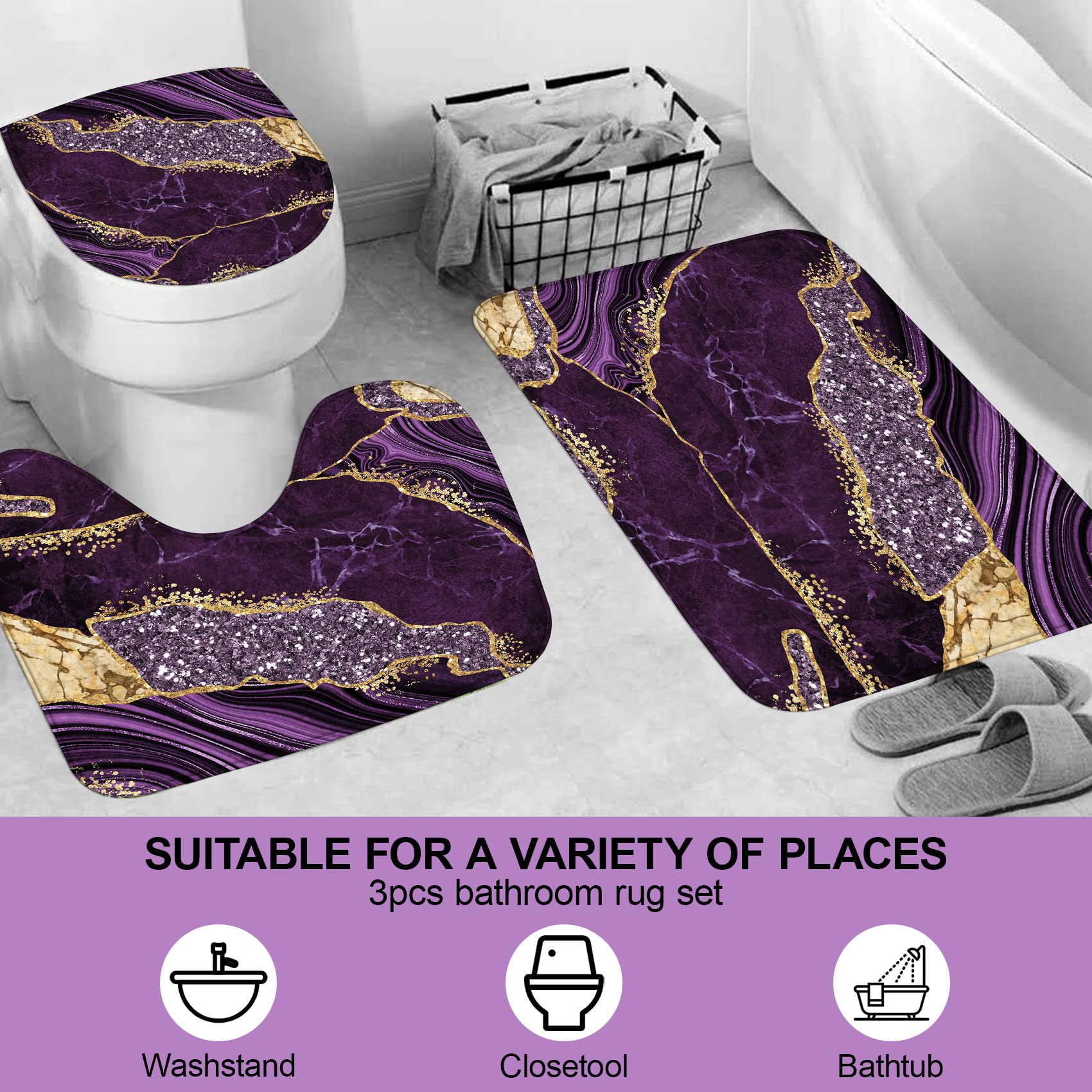Emhome Marble Shower Curtain Sets, Modern Bathroom Sets With Shower Curtains, Toilet Lid Rug, Contour Mat And Bath Mat, Bathroom