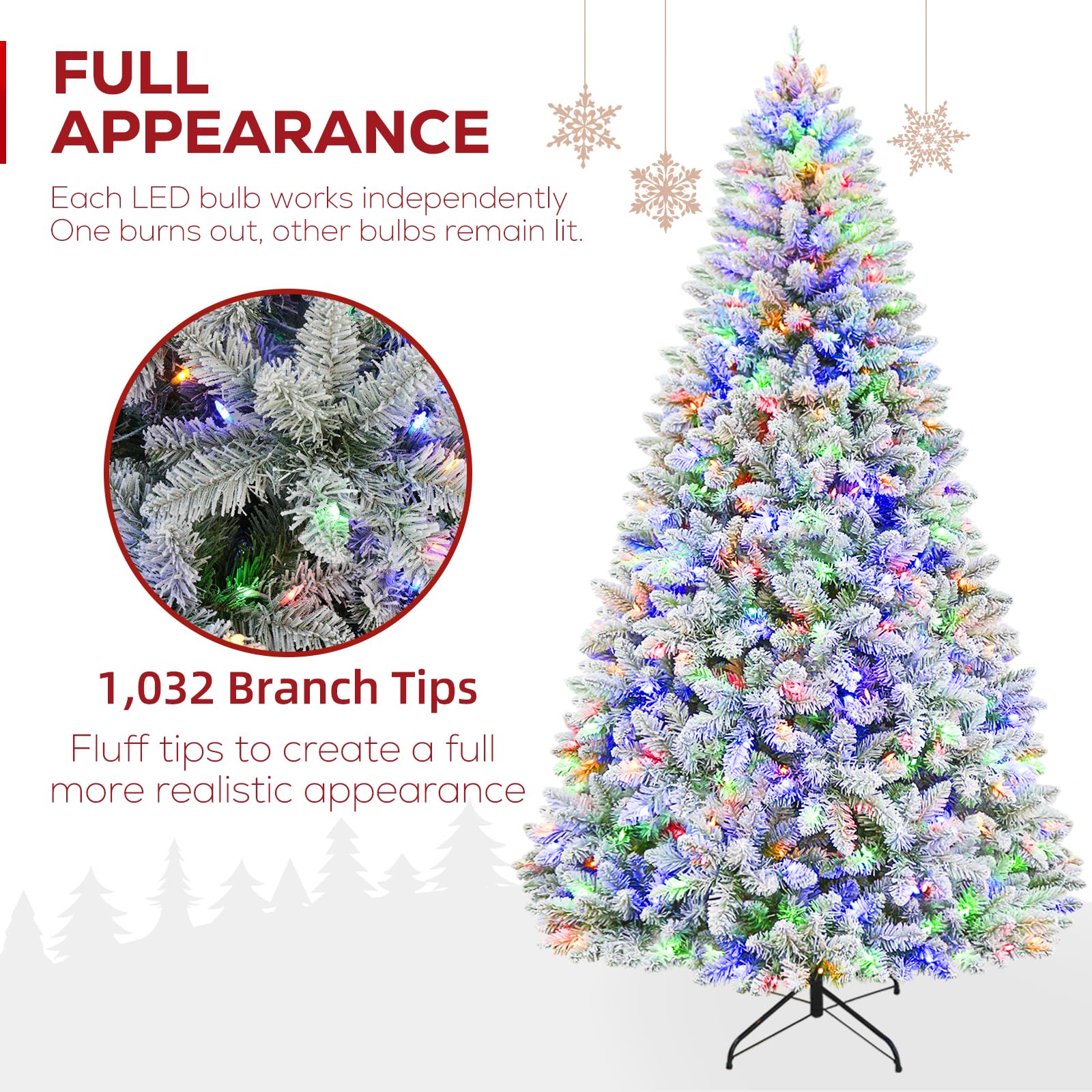 Hykolity 9ft Prelit Snow Flocked Christmas Tree, Artificial Christmas Pine Tree with 600 Multicolor LED Lights, 2100 Tips, Metal