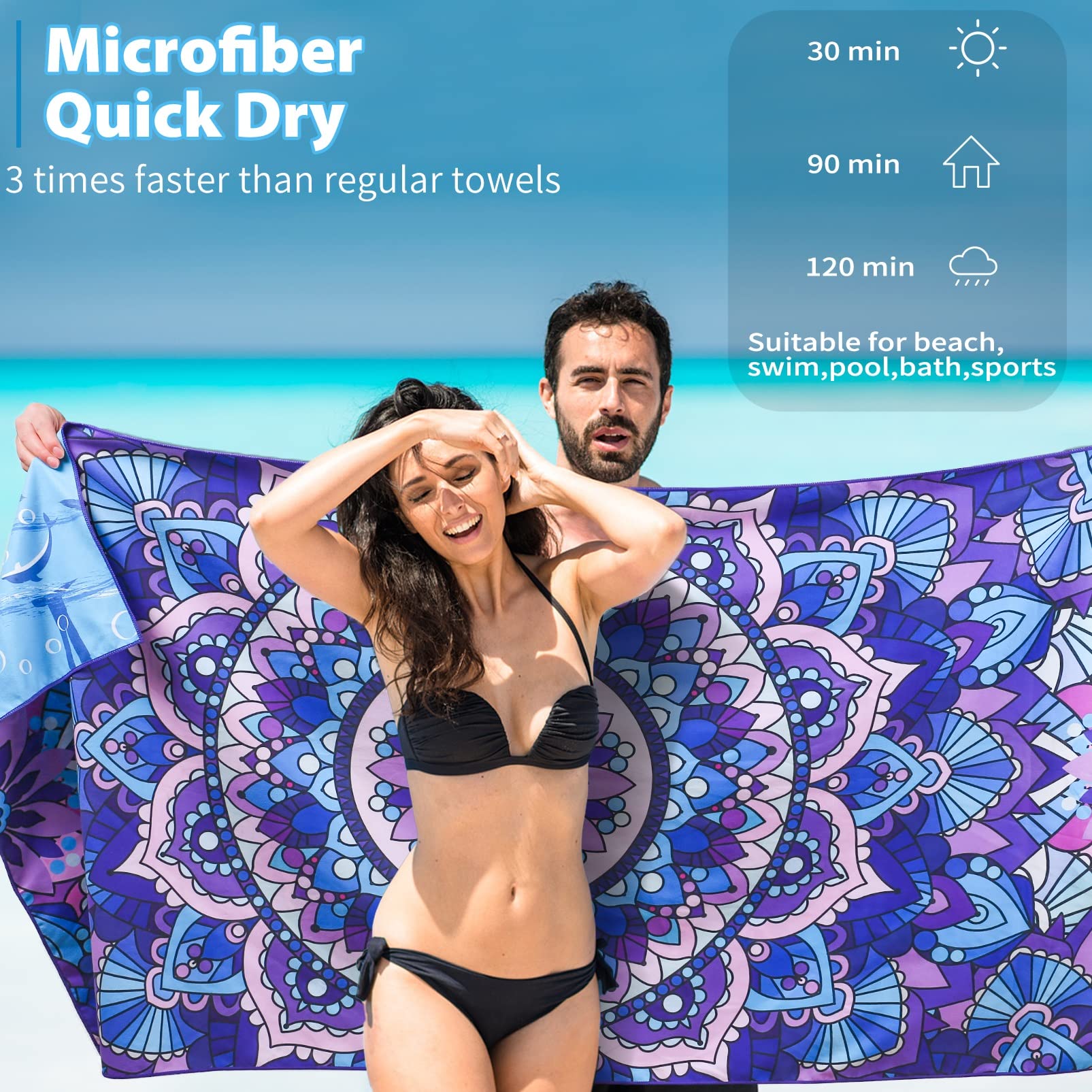 TwoYek Microfiber Beach Towel - Quick Dry, Super Absorbent, 71x32 Inches, Blue Mandala Boho, Lightweight for Travel and Sports