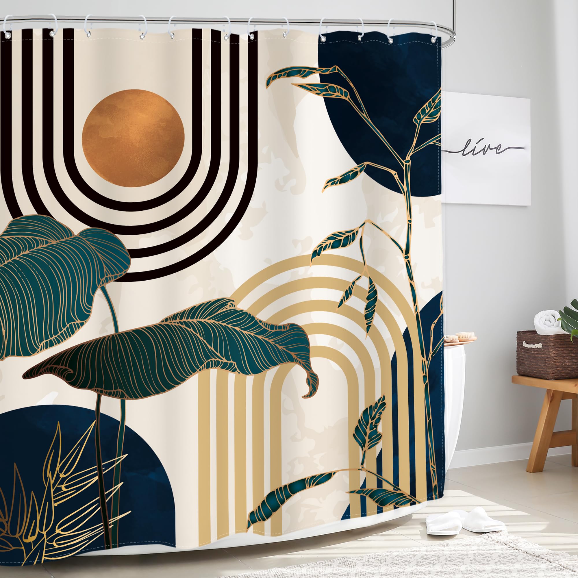 Glawry Blue Abstract Mid Century Shower Curtain Boho Retro Tropical Palm Tree Sun Arch Modern Bathroom Aesthetic Geometric 60Wx7