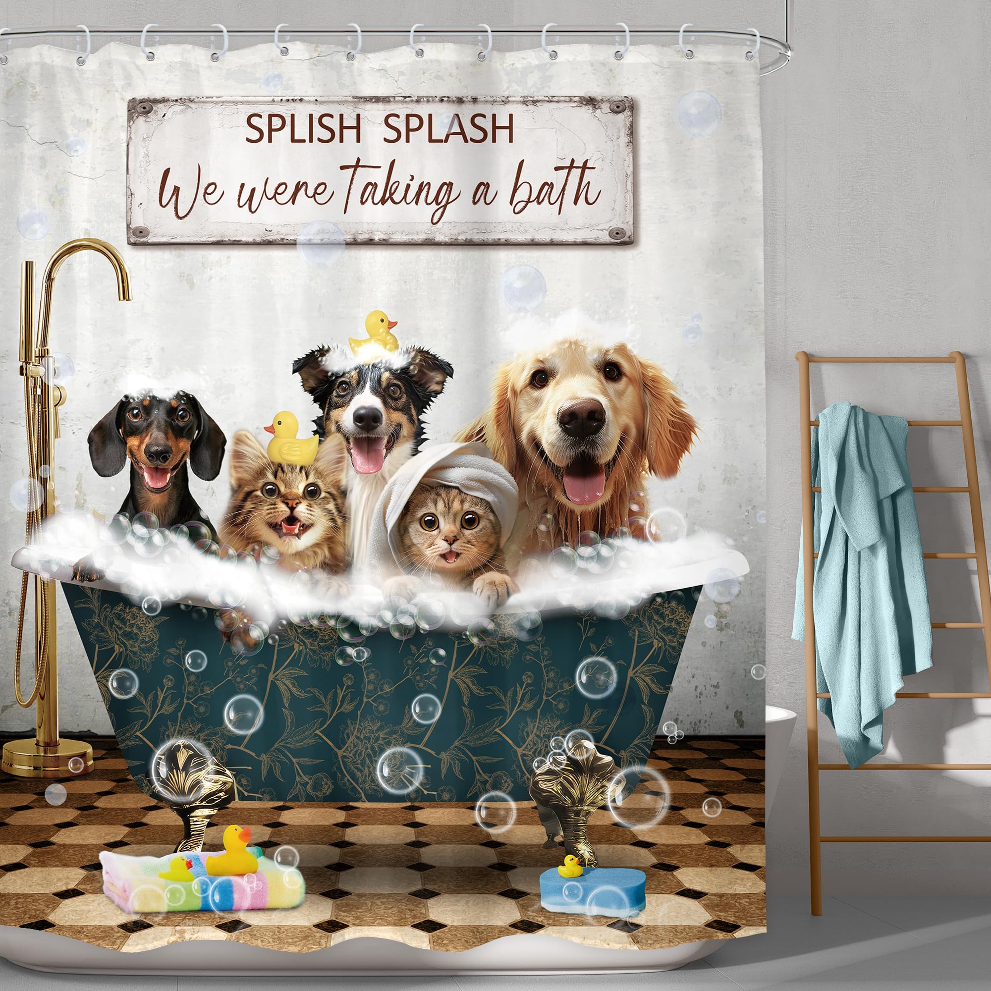 Lghtyro Funny Dogs Cats Shower Curtain Bathroom Set 60Wx71H Inches Wash Your Paws Doggy Cute Lovely Rustic Animals For Kids Boys