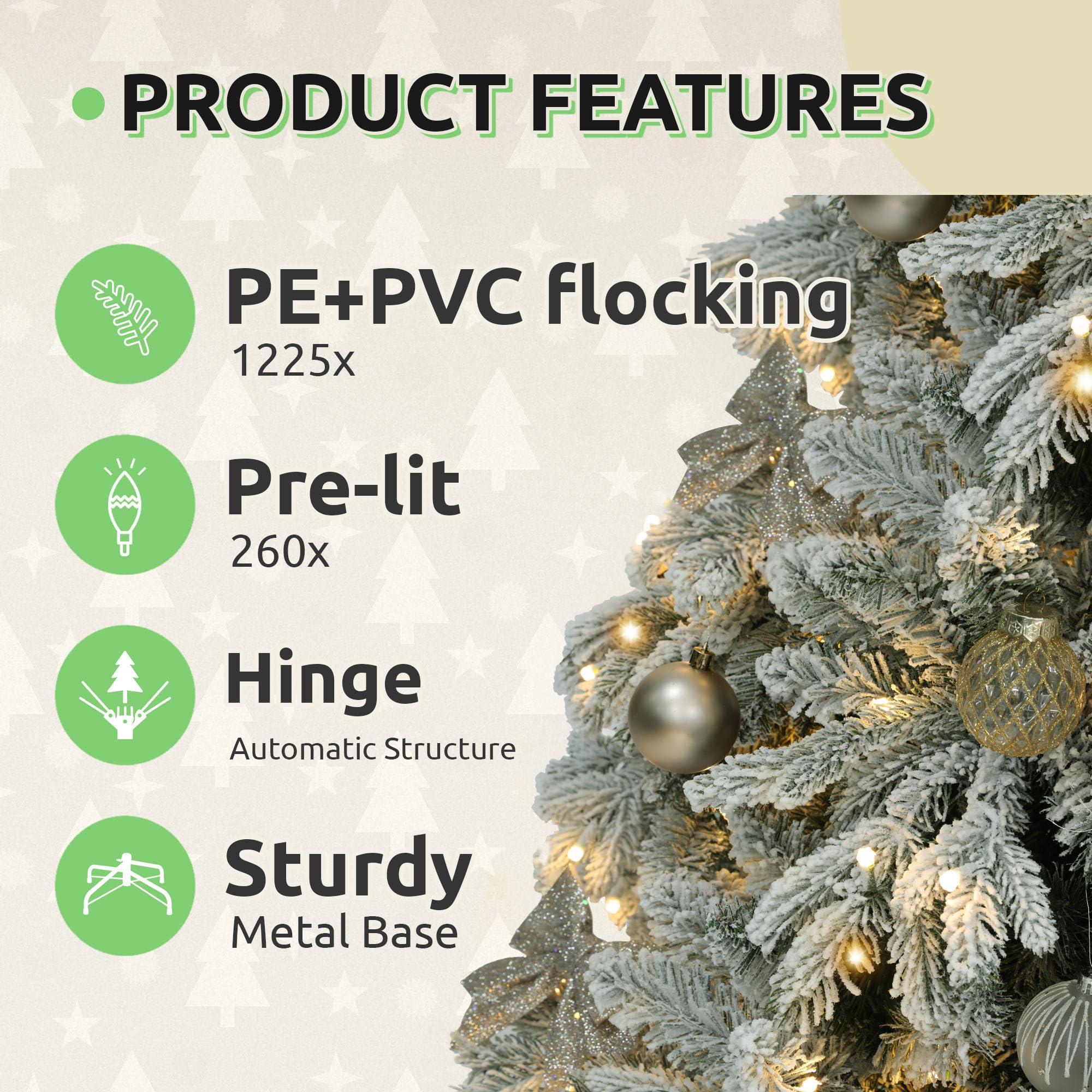 GOOBED 6 FT Pre-Lit Snow Flocked Christmas Tree with Remote, Artificial Hinged Canaan Fir Christmas Tree with 1225 Branch Tips,