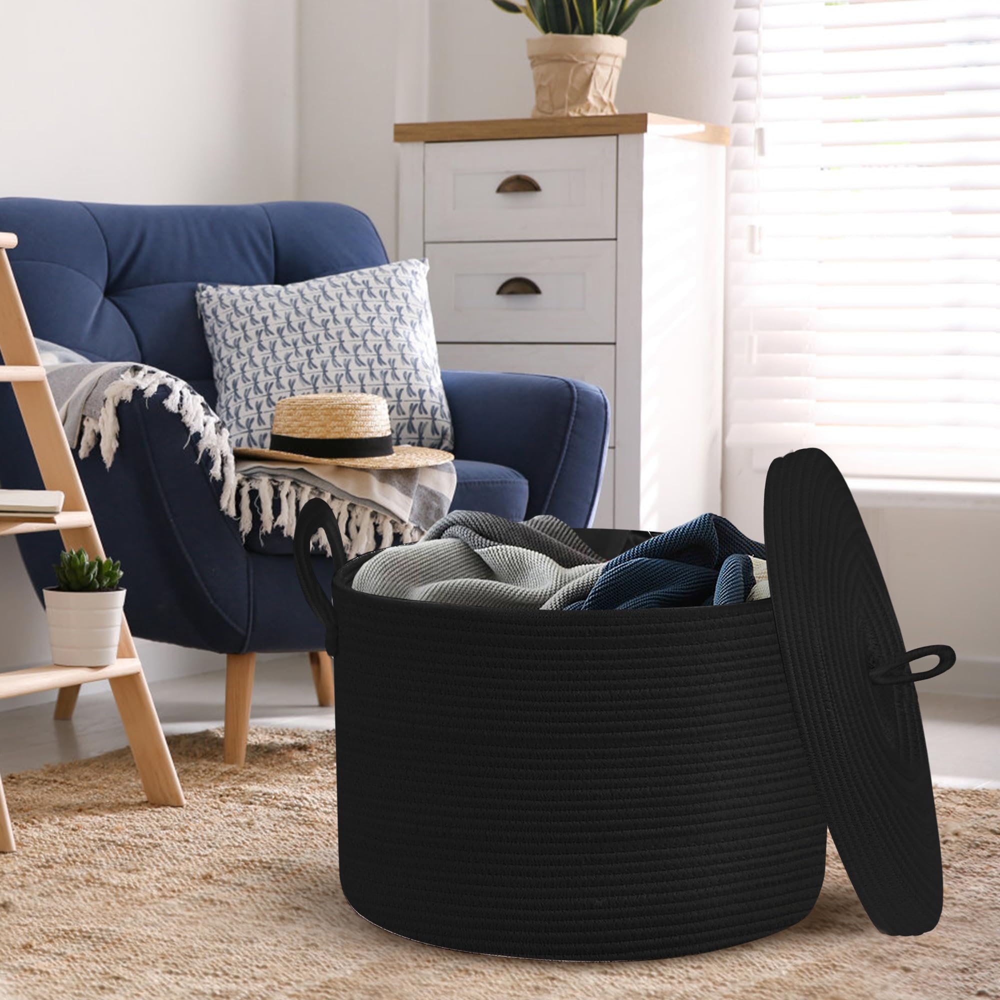 Honcesta 18'' X 14'' Large Black Basket With Lid, Cotton Rope Storage Basket For Blanket, Toy, Pillow, Towel, Living Room Bedroo