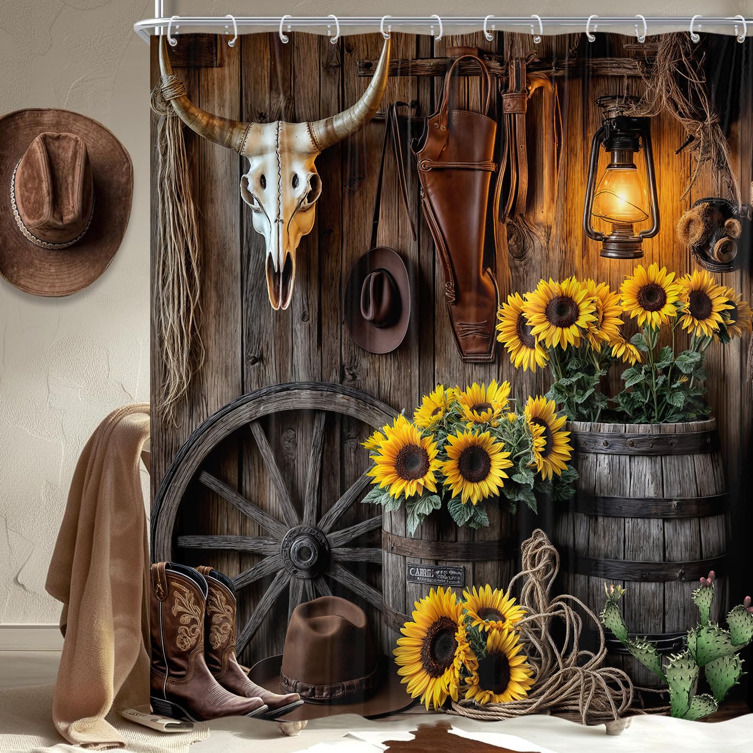 Jipusai Farmhouse Western Shower Curtain, Rustic Country Cowboy Barn Door Bath Curtain Set, Brown Southwest Cowboys Boots Hat Bu