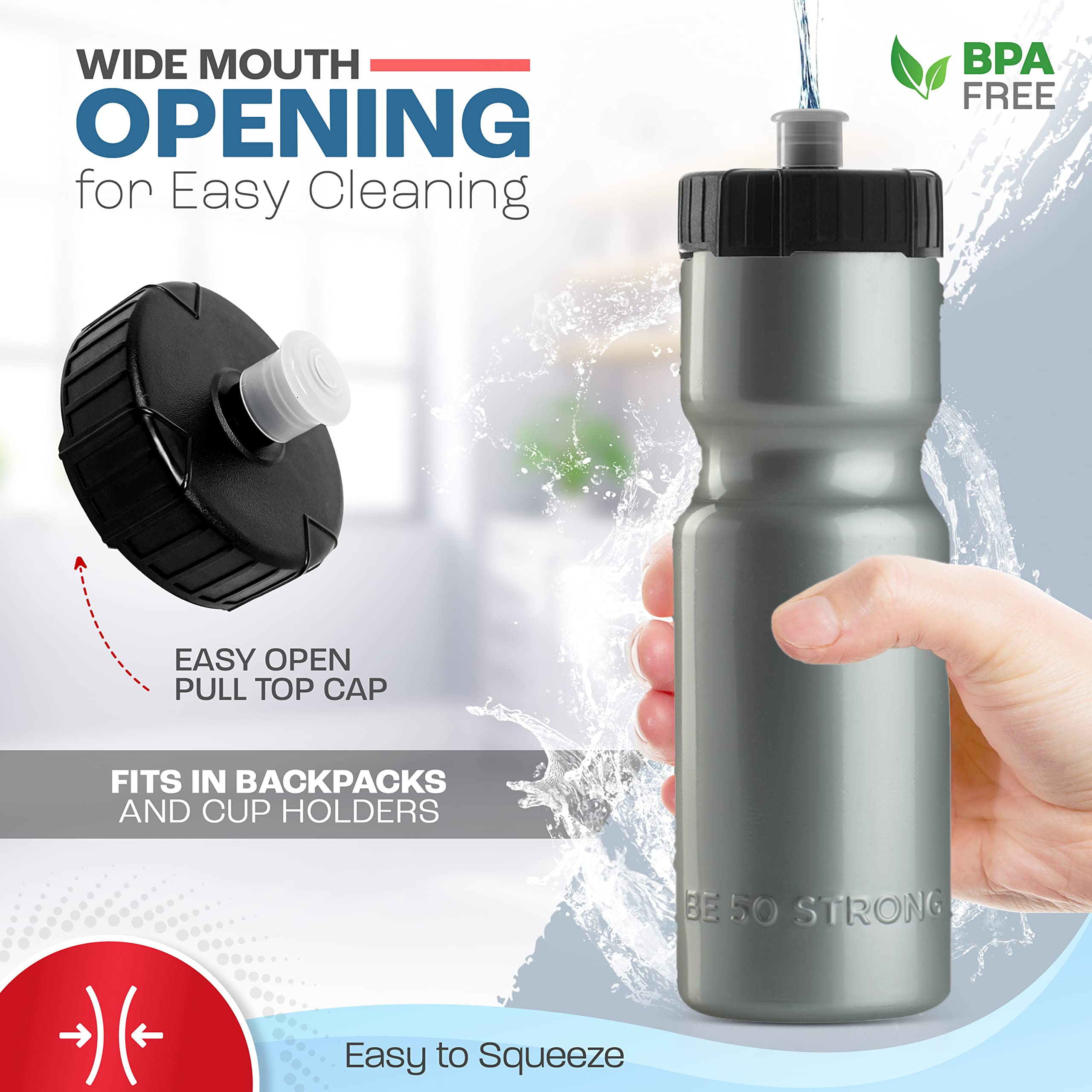50 Strong Sports Squeeze Water Bottle 2 Pack - 22 oz. BPA Free Easy Open Push/Pull Cap - USA Made (Silver)