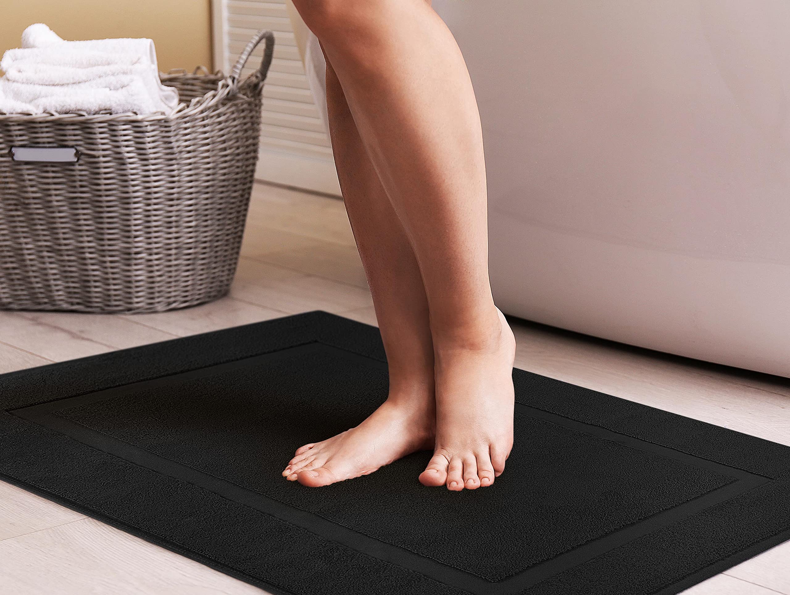 Utopia Towels Cotton Banded Rug  Bath Mats  [Not a Bathroom Rug]  21x34 Inches  100% Ring Spun Cotton - Highly Absorbent and Machine Washable Shower Bathroom Floor Mat  Black  2 Pack