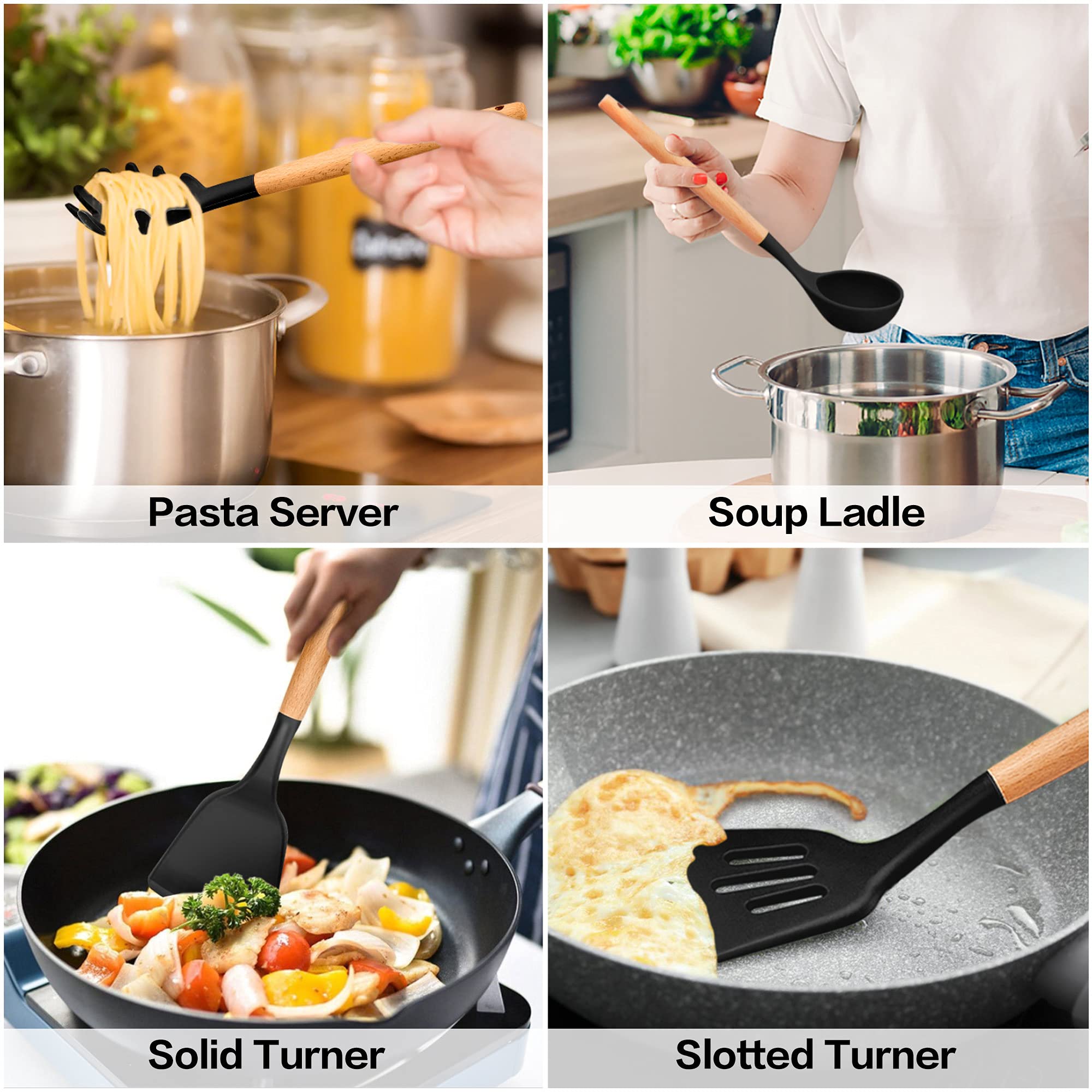 Lianyu 30 Pcs Silicone Kitchen Cooking Utensils Set With Holder, Heat Resistant Kitchen Essentials Utensils Set Wooden Handle, C