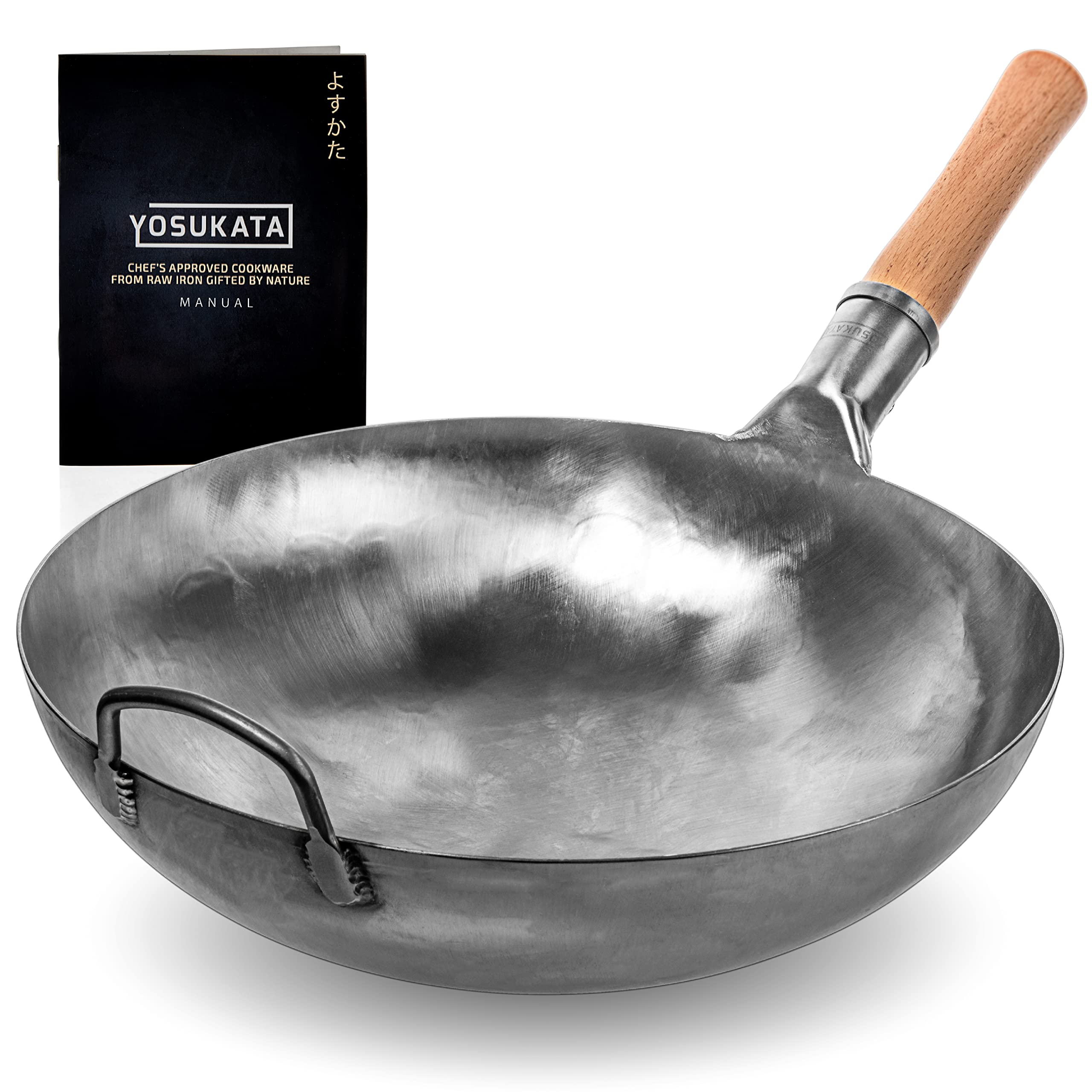 Yosukata Woks And Frying Pans 36 Cm - Round Bottom Wok - Hammered Carbon Steel Wok - Compatible With Gas Stoves And Open Fires -