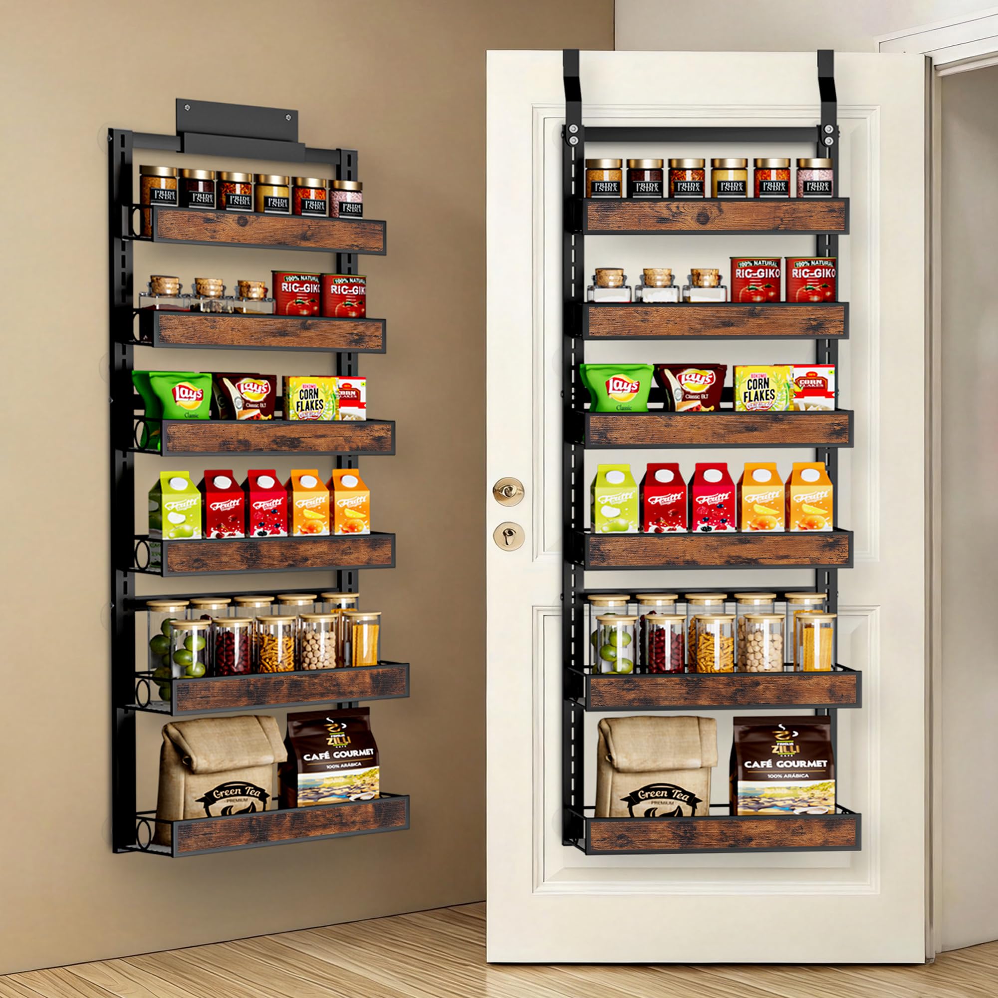 Clothink 6 Tier Over The Door Pantry Orangizer 2 IN 1 Wall Mounted or Hanging Spice Rack with Adjustable Wood Basket,Heavy Duty 