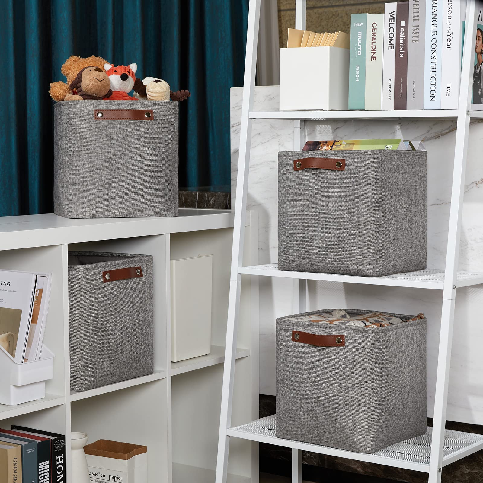 DULLEMELO Square Storage Cubes Baskets for Gifts Empty  11 inch Cube Stroage Bins Linen Closet Organizers and Storage Baskets for Toy Nursery Shelves Bedroom Storage(4 Pack - 11 '' Grey)
