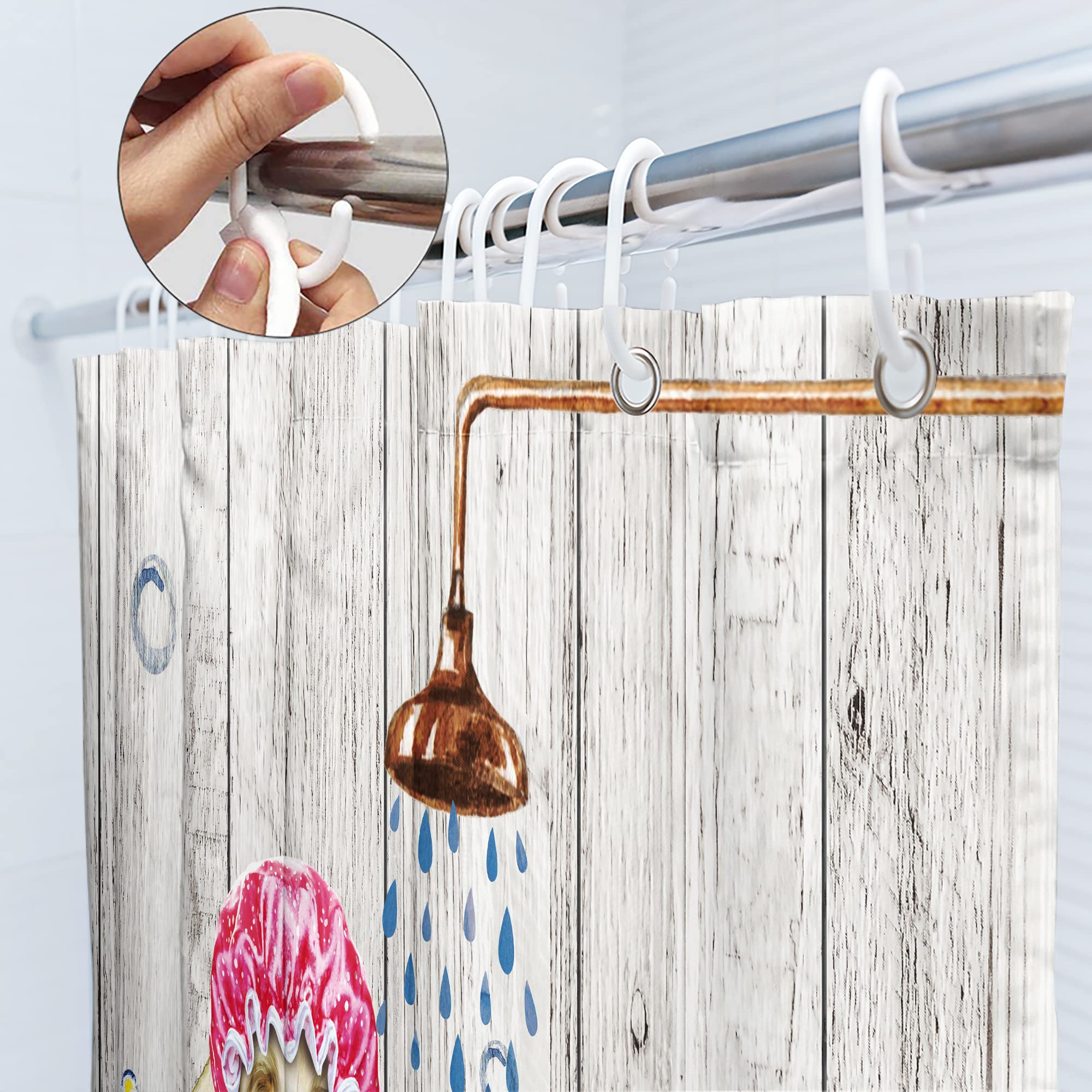 SVBright Funny Dog Shower Curtain 60Wx72L Inch Farmhouse Vintage Cute Animals Puppy Shower Wooden Plank Bubbles Rustic 12 Pack Hooks Polyester Waterproof Fabric Bathroom Bathtub Panels