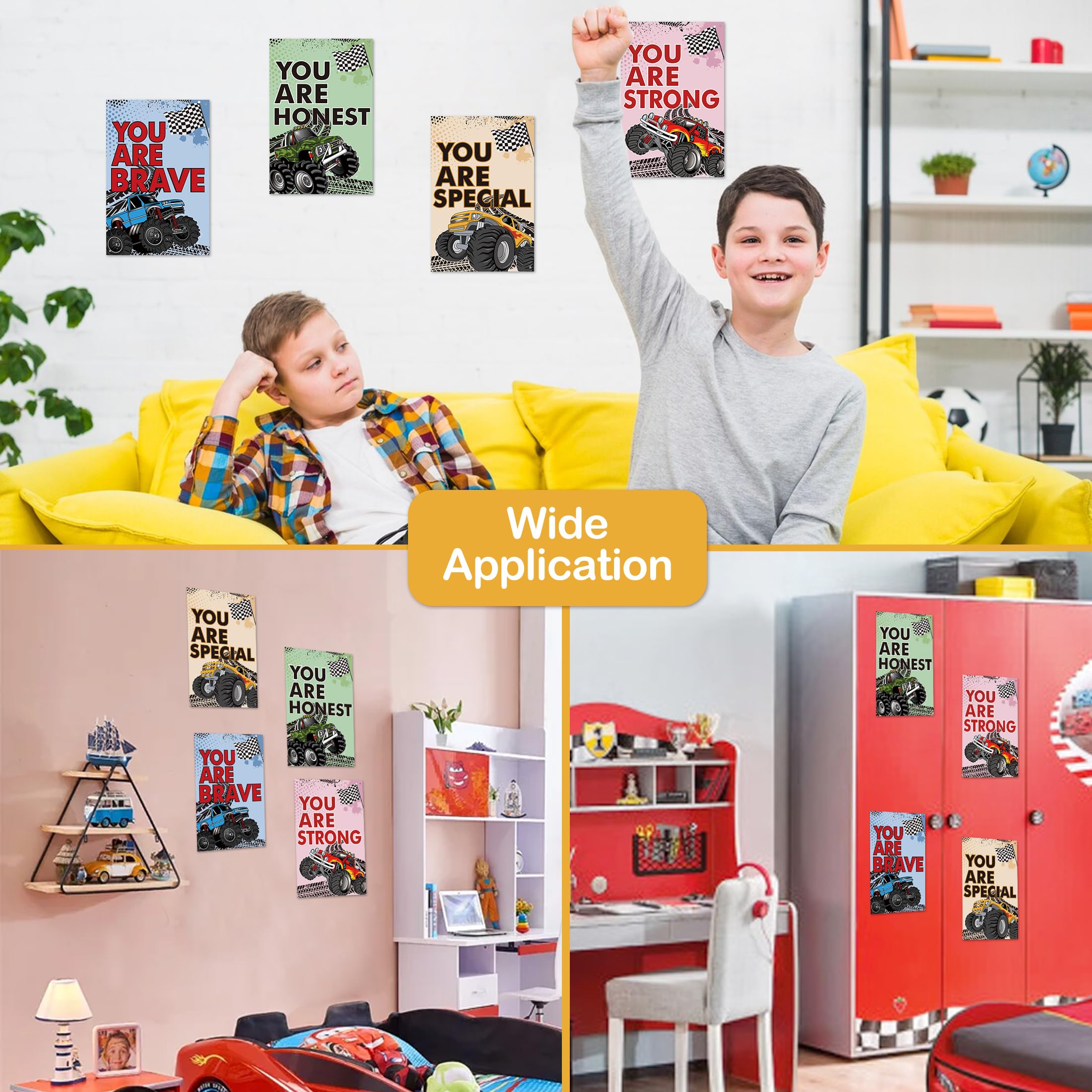 4 Pcs Monster Trucks Bedroom Wall Decor for Boys, Inspirational Construction Trucks Sign Decoration for Kids, Motivational Vinyl