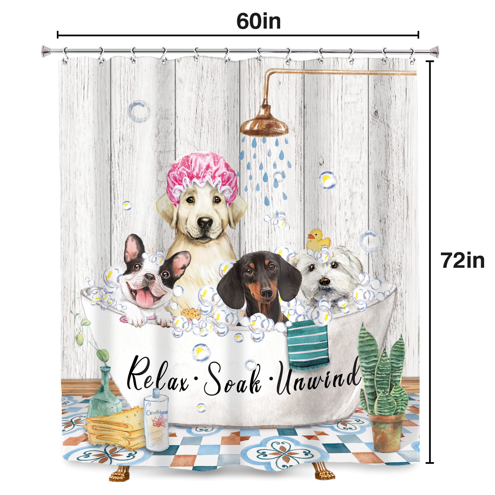 SVBright Funny Dog Shower Curtain 60Wx72L Inch Farmhouse Vintage Cute Animals Puppy Shower Wooden Plank Bubbles Rustic 12 Pack Hooks Polyester Waterproof Fabric Bathroom Bathtub Panels