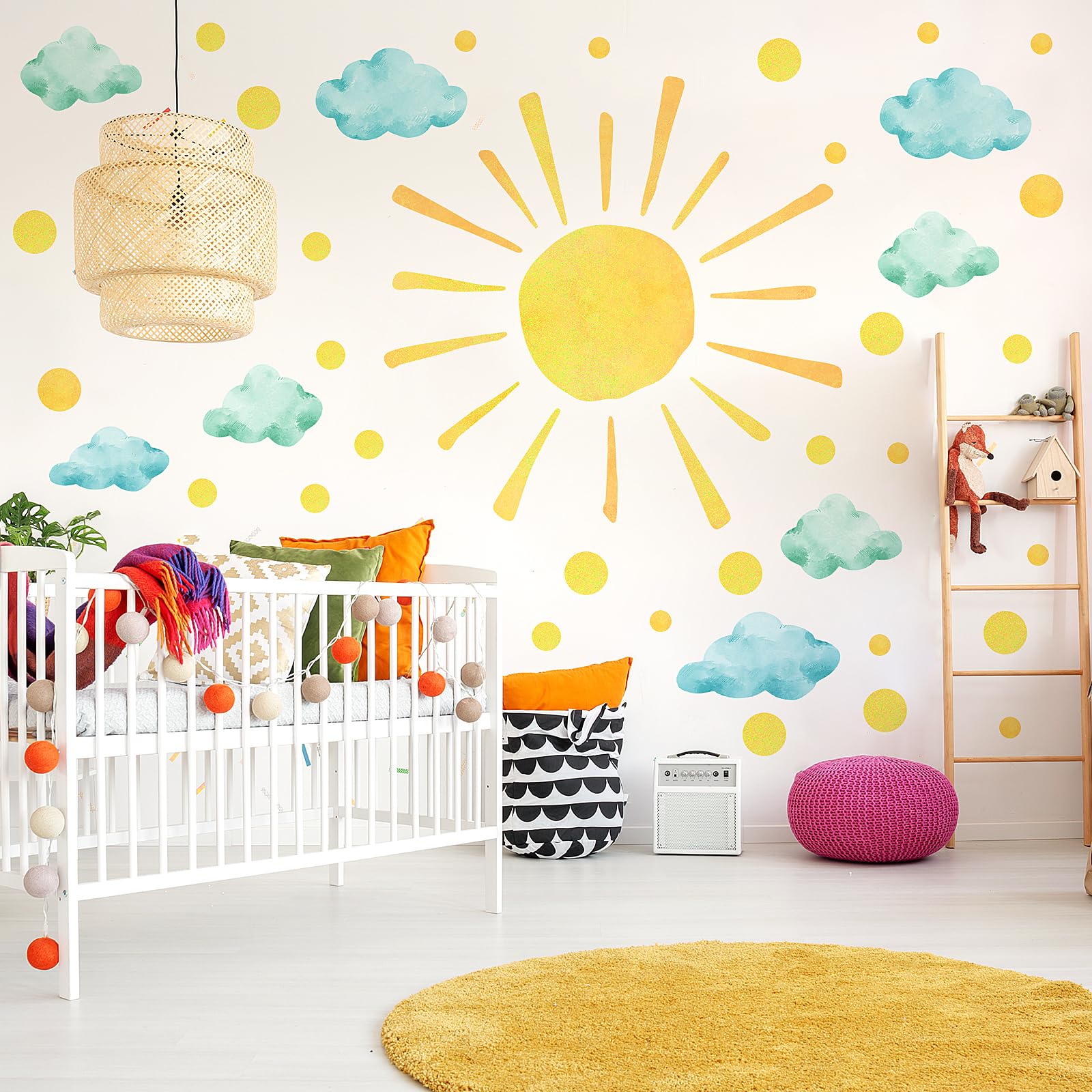 Sun And Clouds Wall Decals Polka Dots Decal Watercolor Boho Sun Wall Decals Peel And Stick, Pvc Sunrise Wall Stickers Sunshine W
