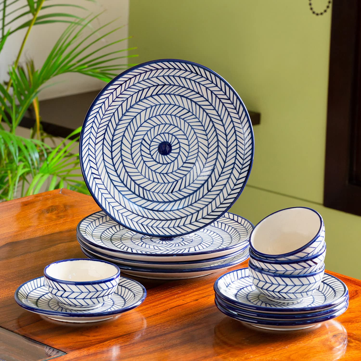 Exclusivelane 'Indigo Chevron' Handpainted Ceramic Plates For Dinner Plates With Side Quarter Plates & Katoris (12 Pieces, Servi