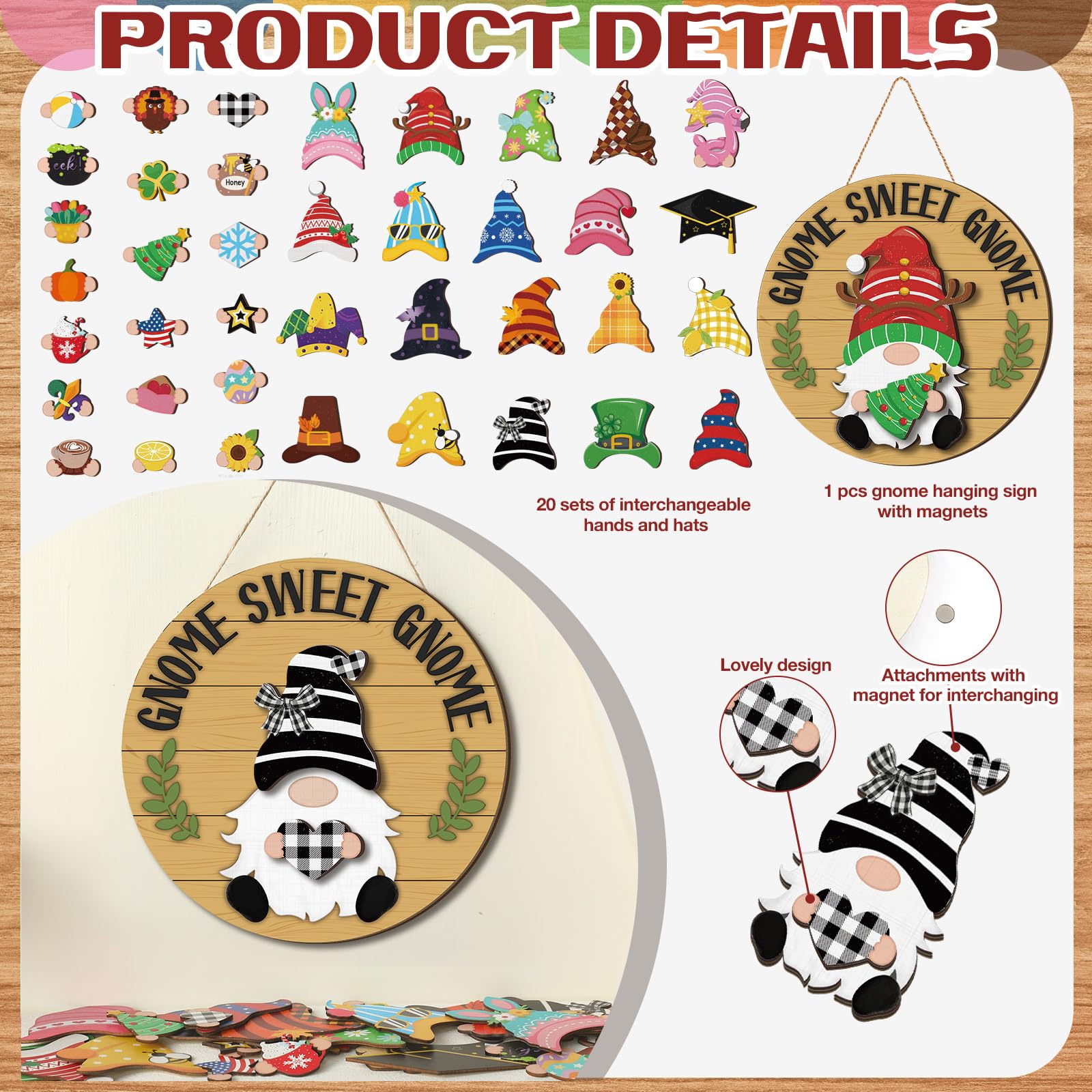 Wenqik 41 Pcs Interchangeable Gnome Decor Holiday Wooden Seasonal Gnome Decor Detachable Magnet Hat and Hand Welcome Sign for Ho