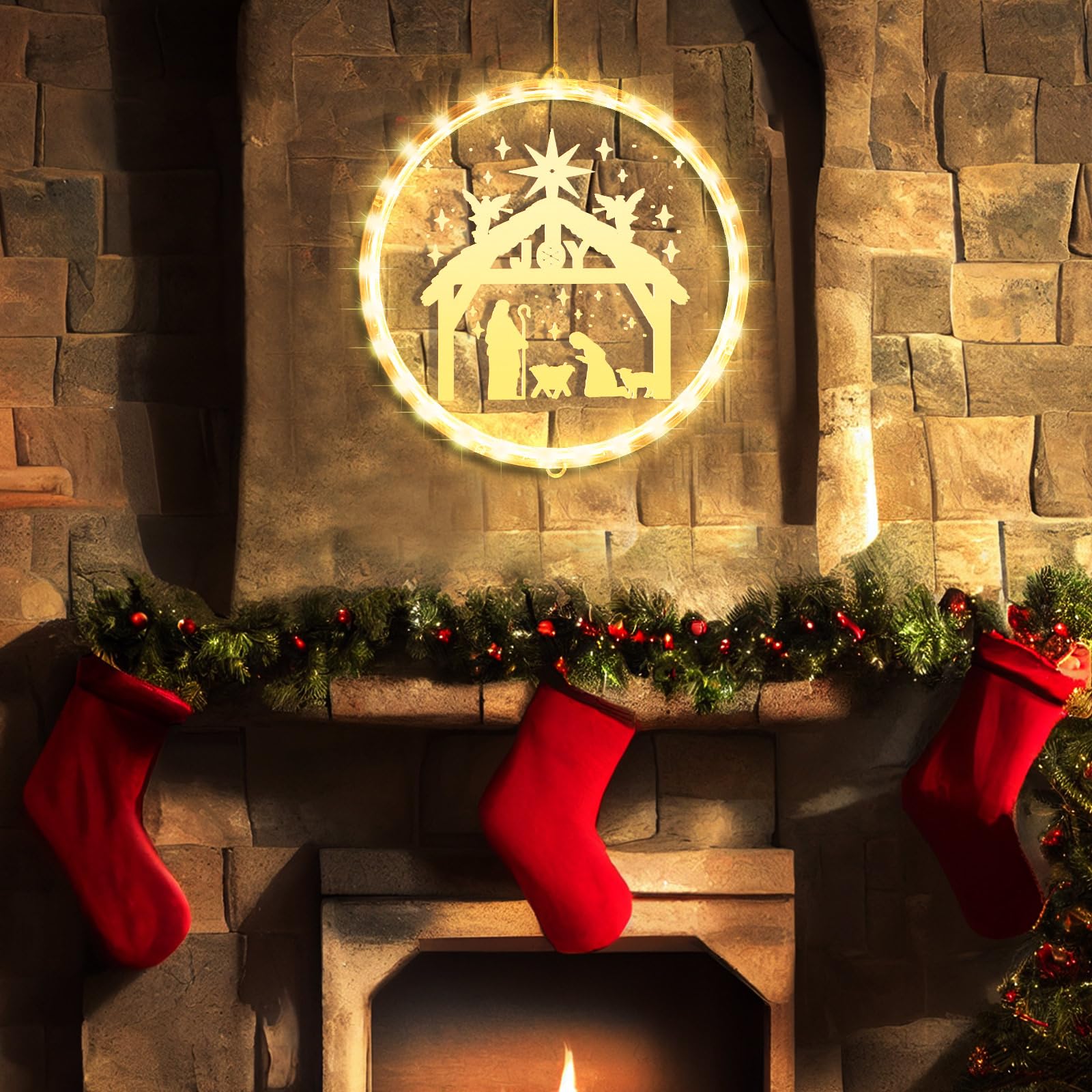 ROCEEI 9.45 Inch Christmas Decorative Window Lights Nativity Scene Hanging Xmas Lights up Sign Indoor/Outdoor Nativity Window Ho