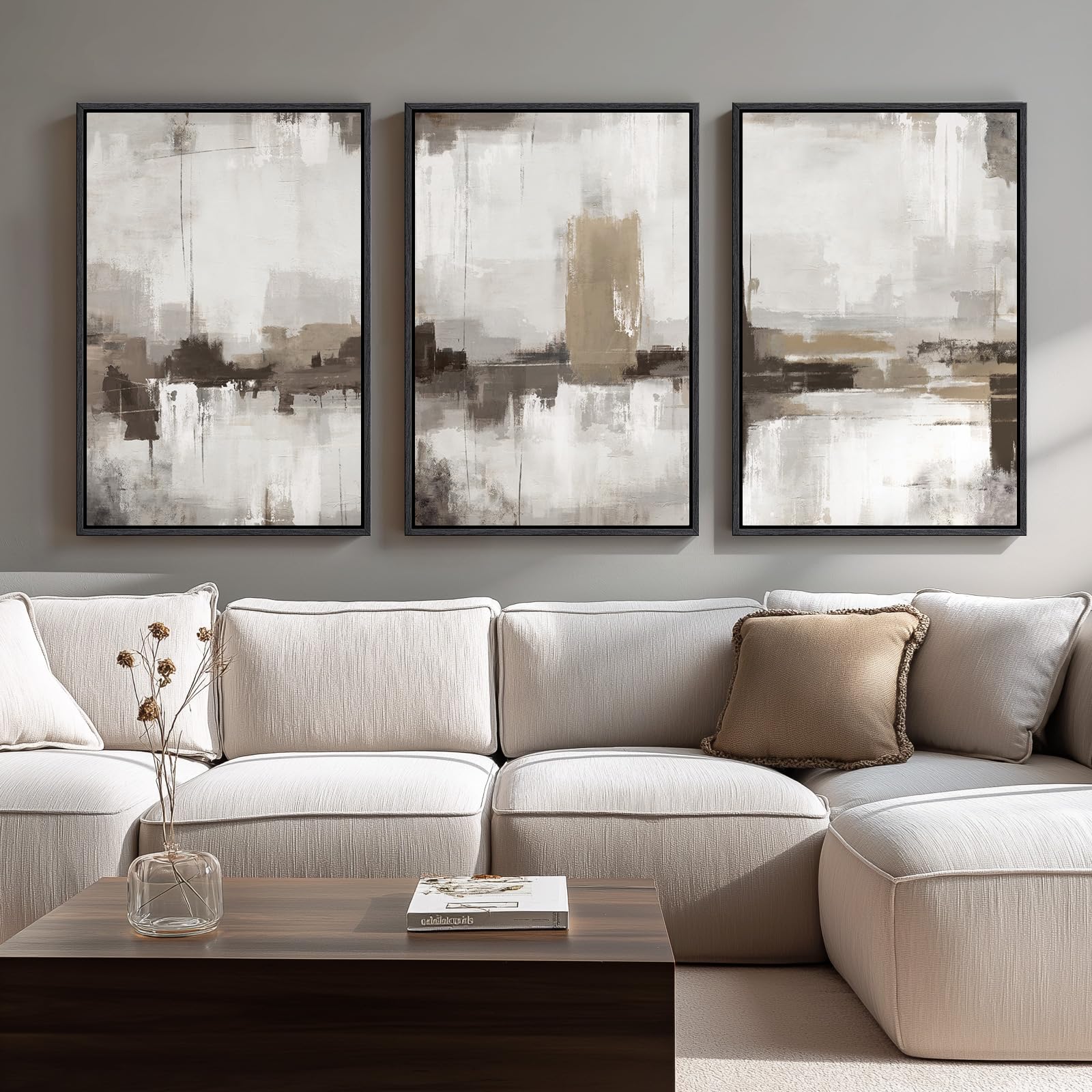 Large Framed Neutral Abstract Wall Art For Living Room, 3 Piece Neutral Toned Modern Canvas Prints Paintings Artwork For Walls, 