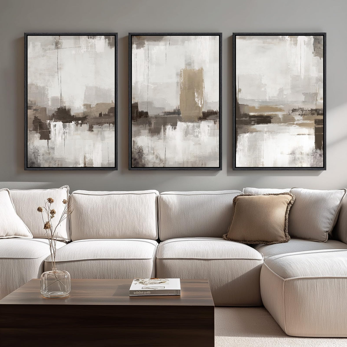 Large Framed Neutral Abstract Wall Art For Living Room, 3 Piece Neutra ...