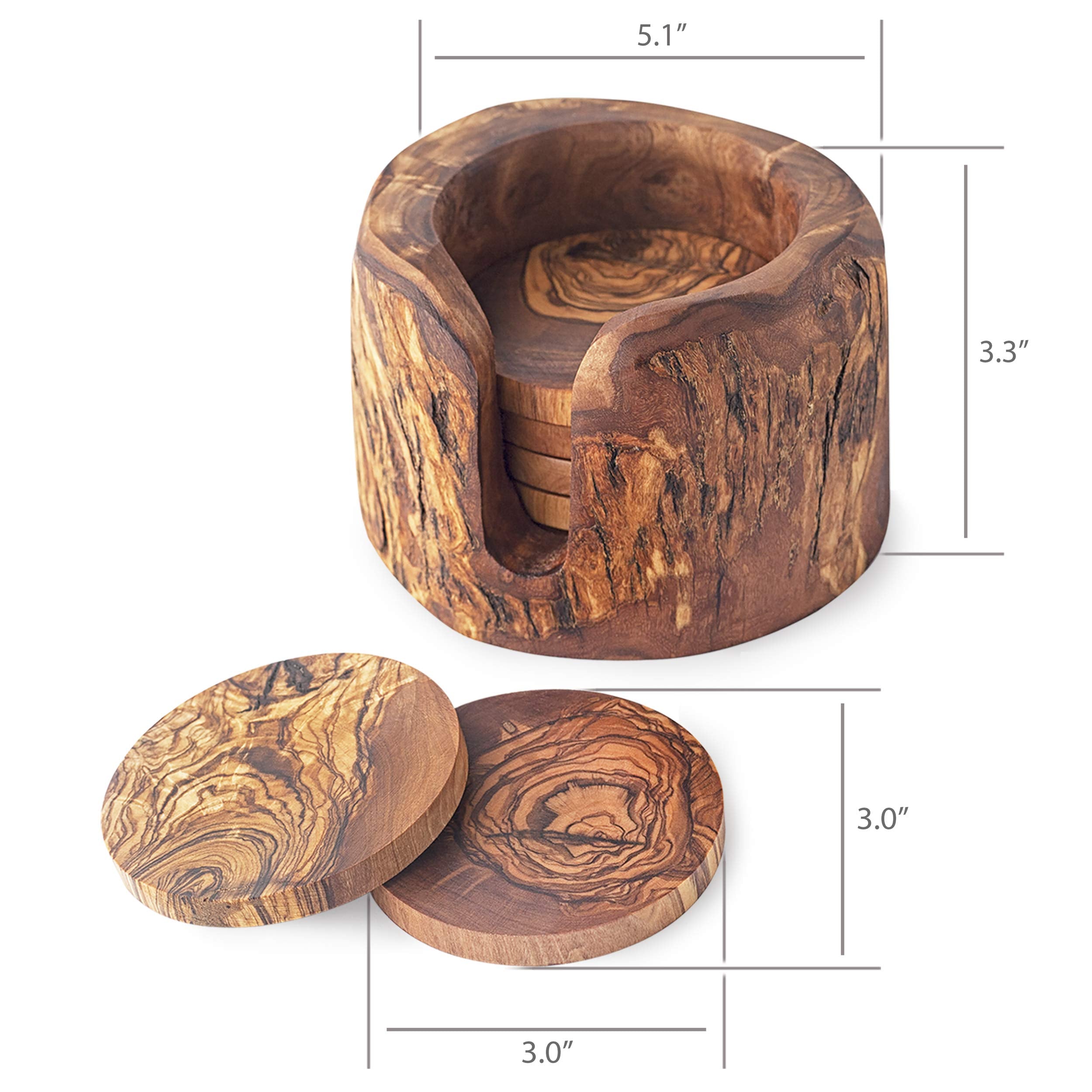 Forest Decor Olive Wood Coasters - Set Of 6 - Farmhouse Coaster With Holder For Home & Wedding Decoration - Handmade Cabin Decor