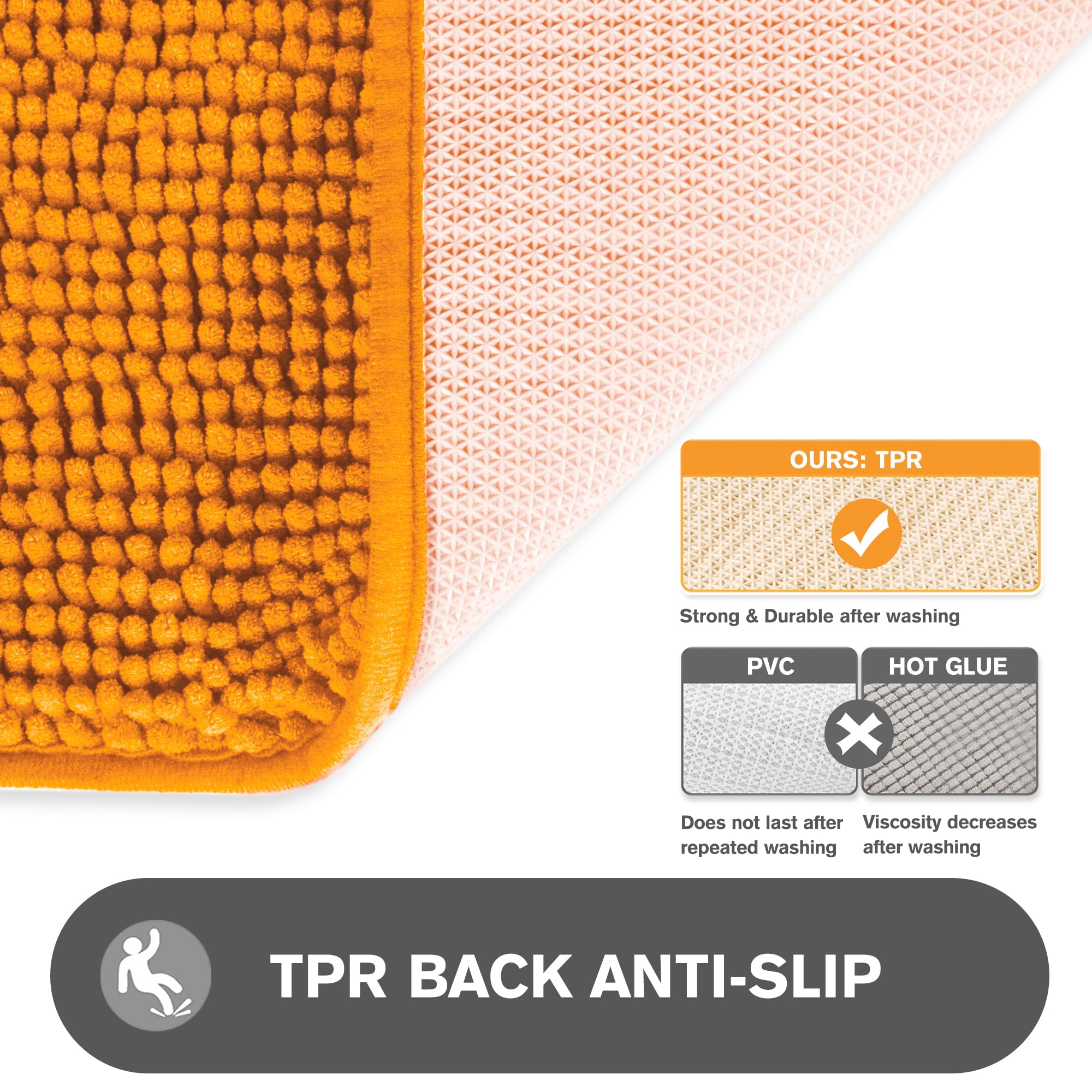 PureSwan Orange Chenille Bath Rugs Set - 2 Piece, Non-Slip, Absorbent, Washable - 20"x32" + 24"x36"