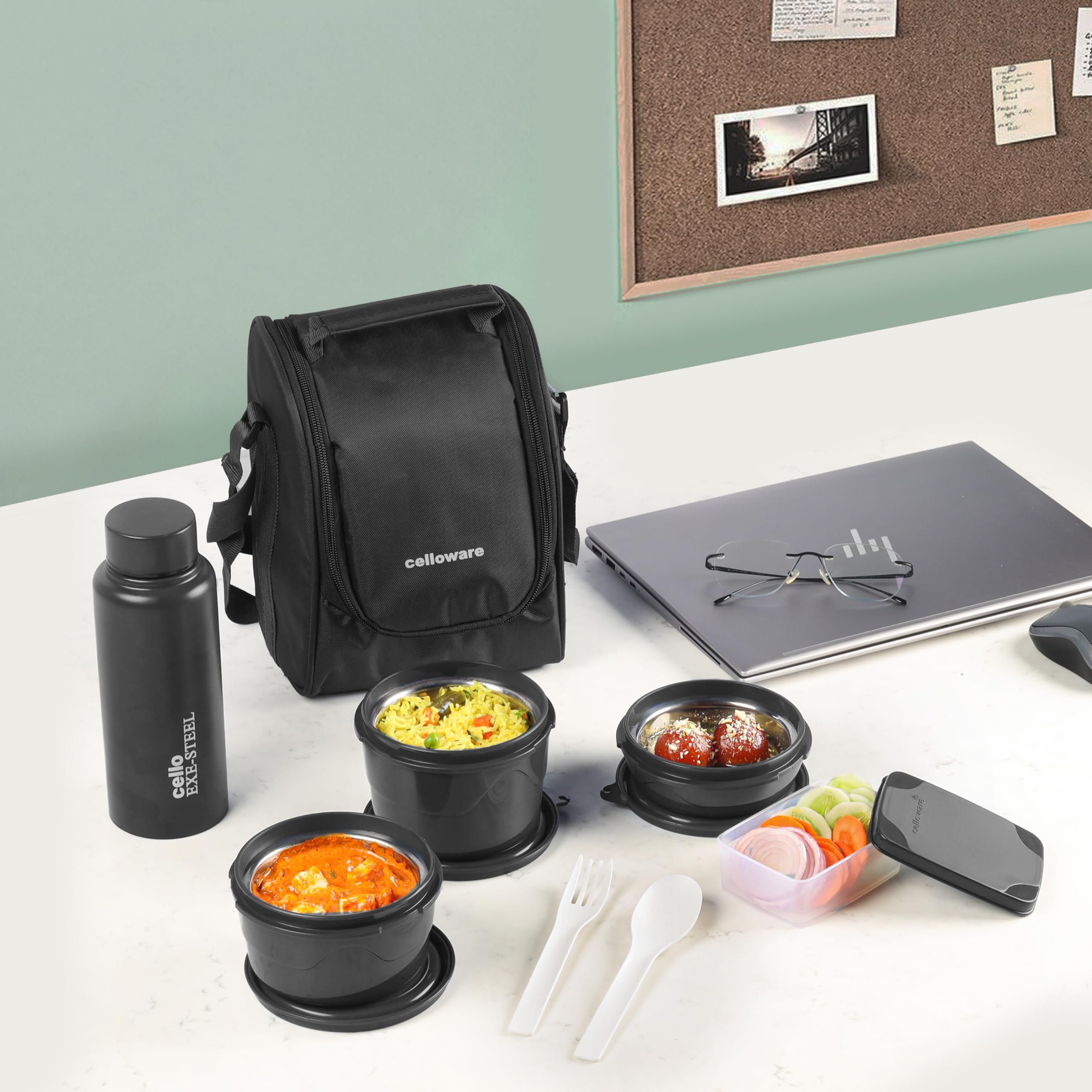 Cello All In One Lunch Box With Jacket For Office, Black | 3 Microwave Safe Container (550Ml, 375Ml, 225Ml), 1 X 175Ml Pickle Bo