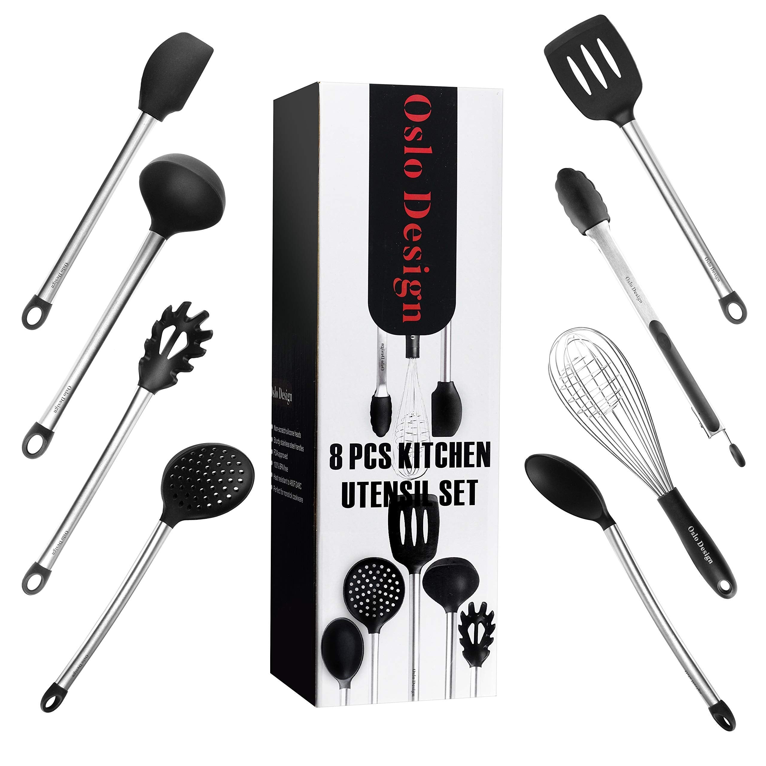 Kitchen Utensil Set - 8 Piece Cooking Utensils For Nonstick Cookware -Made Of Silicone And Stainless Steel -Includes Spoon, Egg 