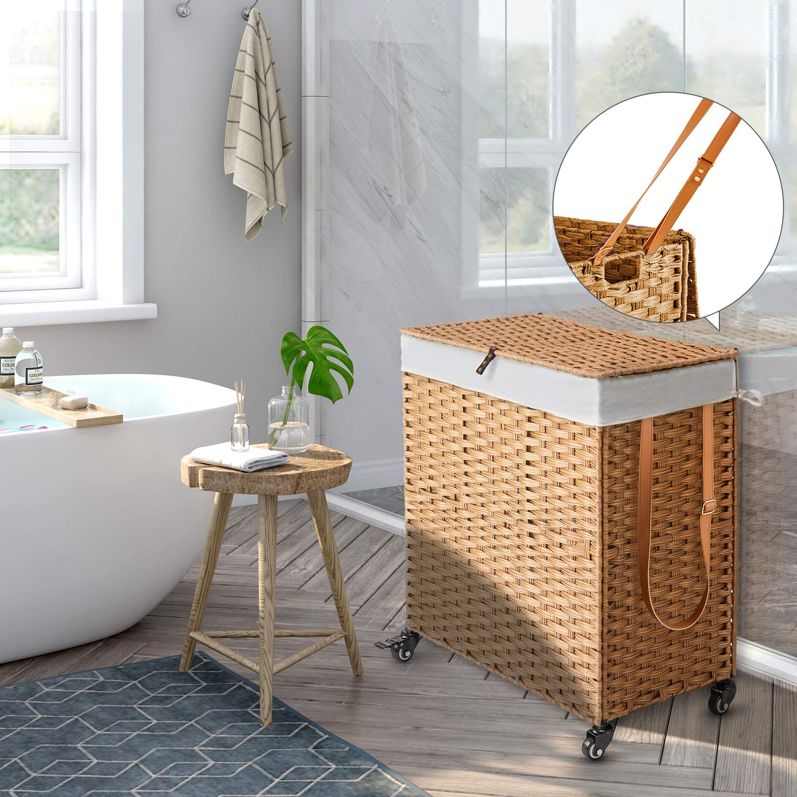 Greenstell Laundry Hamper with Wheels  No Install Needed  110L Divided Handwoven Hampers & 2 Removable Liner Bags  Synthetic Rattan Clothes Laundry Basket with Lid & Handles  Foldable Hampers Natural