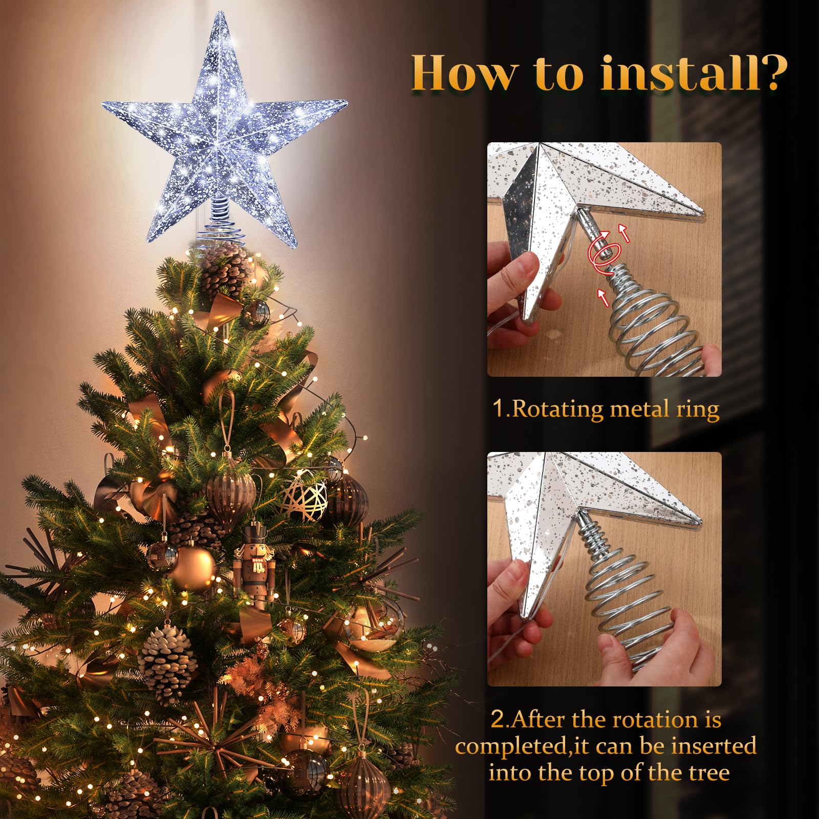 Silver Christmas Tree Star Topper with Lights, 8.5-Inch Light-Up Christmas Tree Topper with Remote Control, 4 Brightness Levels