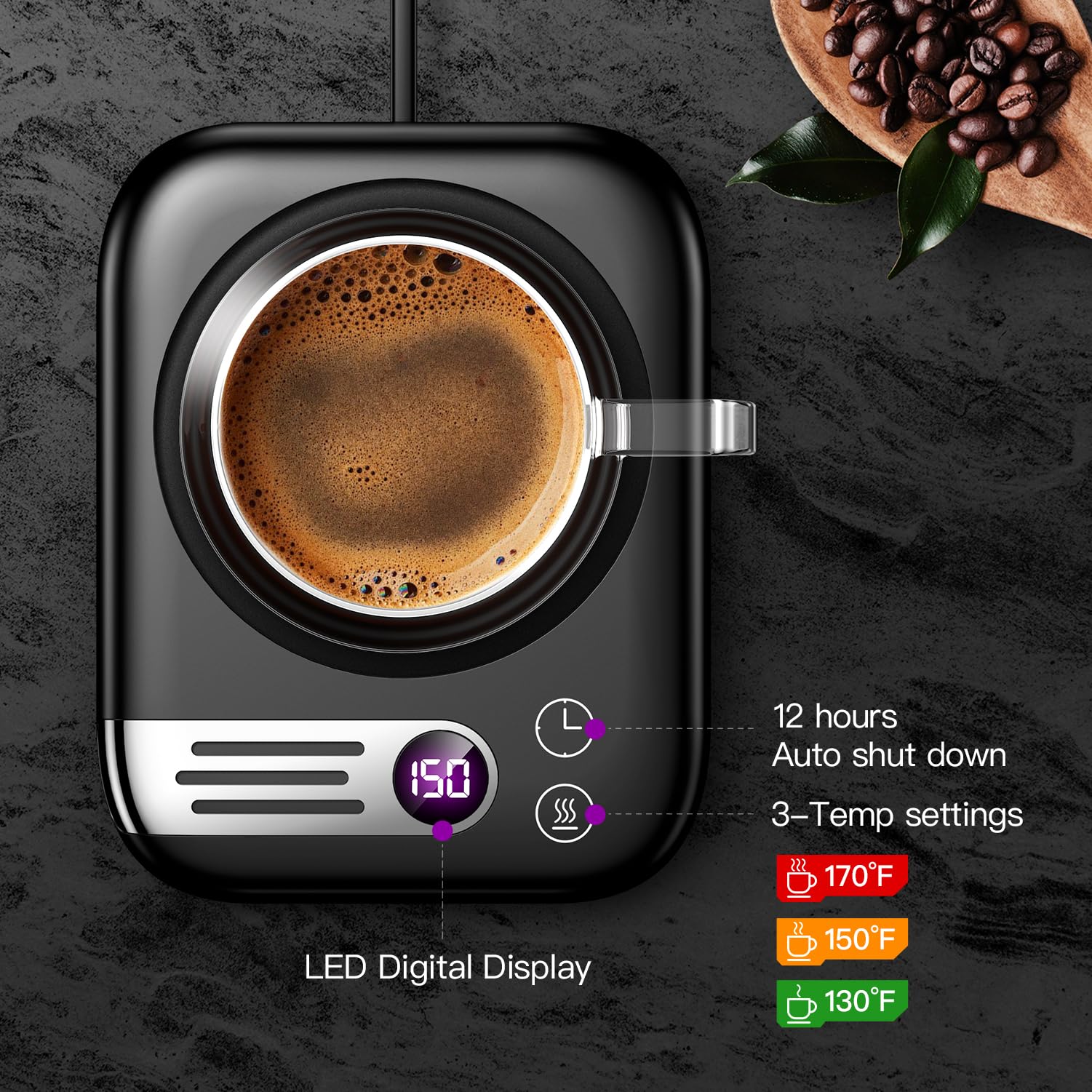 Coffee Mug Warmers For Desk With 3 Temperature Settings, Aluminum Alloy Rapidly Heats Up Auto Shut Off Mug Warmers Plate For Hea