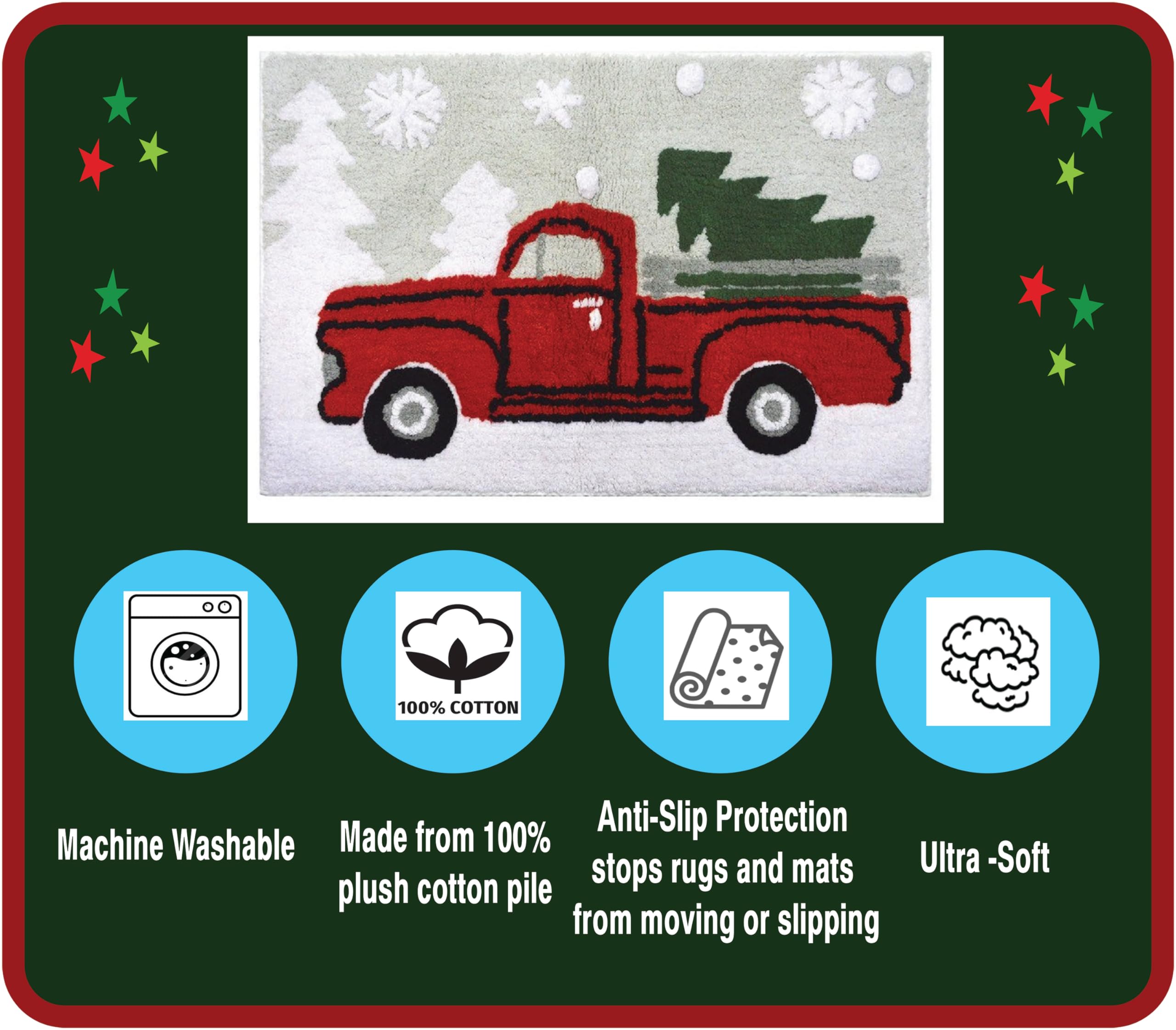 Gilbins Christmas Holiday Decor Square Pick Up Truck With Christmas Tree Water Absorbent Bathroom Vanity Bath Rug 20X30, 100% Co