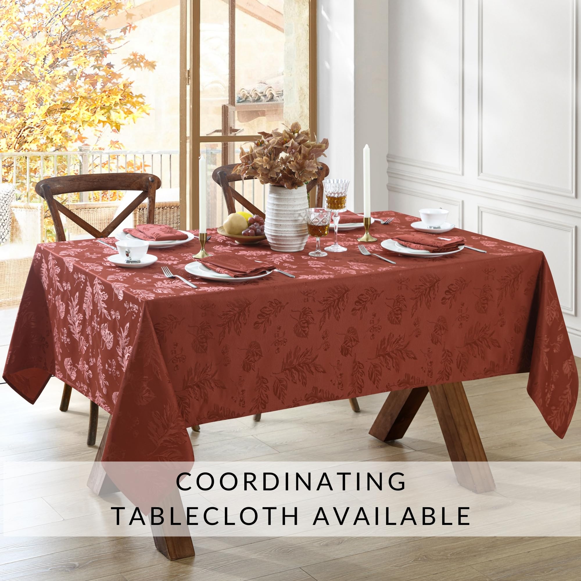 Elrene Home Fashions Elegant Woven Leaves Jacquard Damask Cloth Napkin Set, 17'' X 17'', Pack Of 8, Spice Red