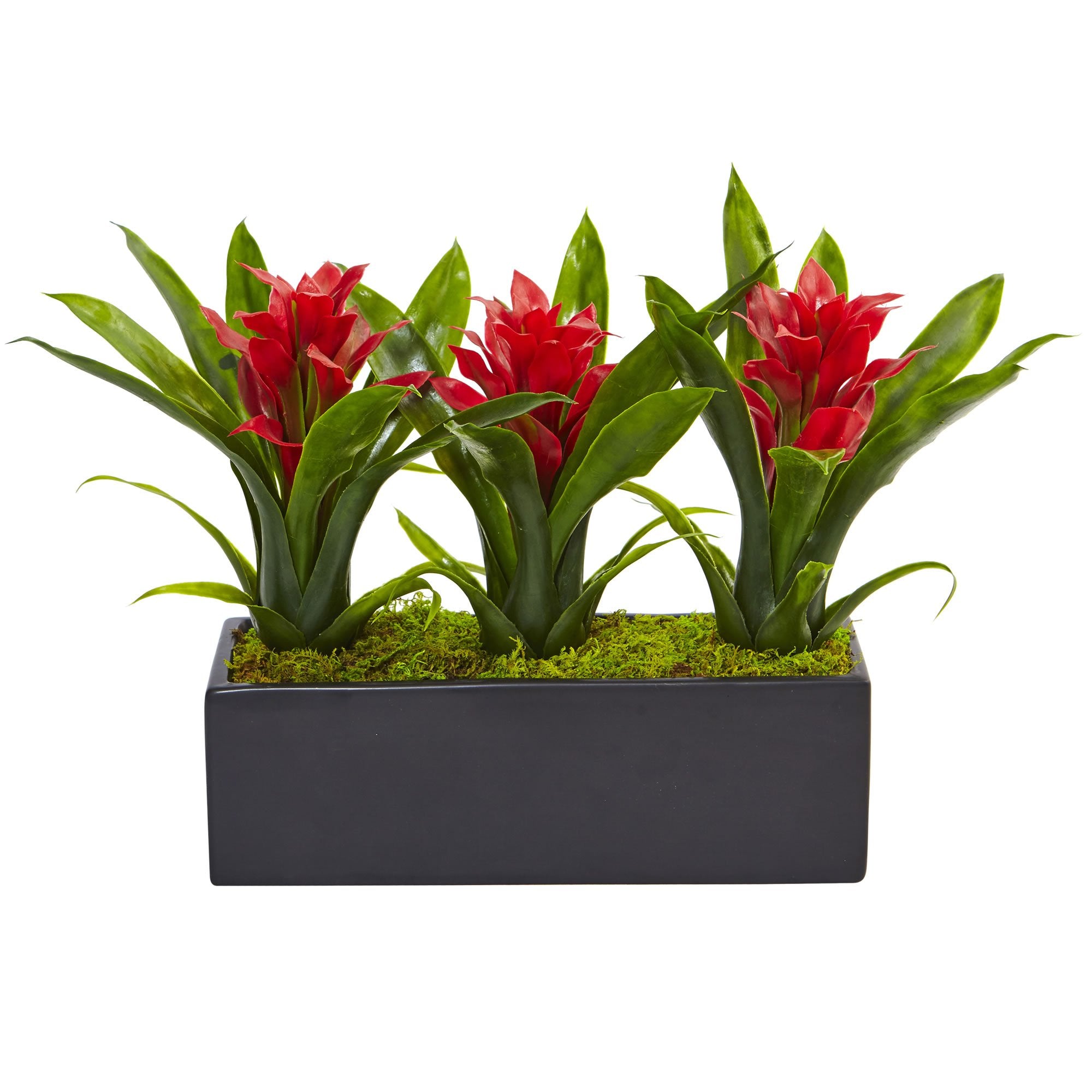 Nearly Natural 11in Rectangular Planter Bromeliad Artificial Flowering Plants, 18 in. W x 12 in. D x 11 in. H, Red
