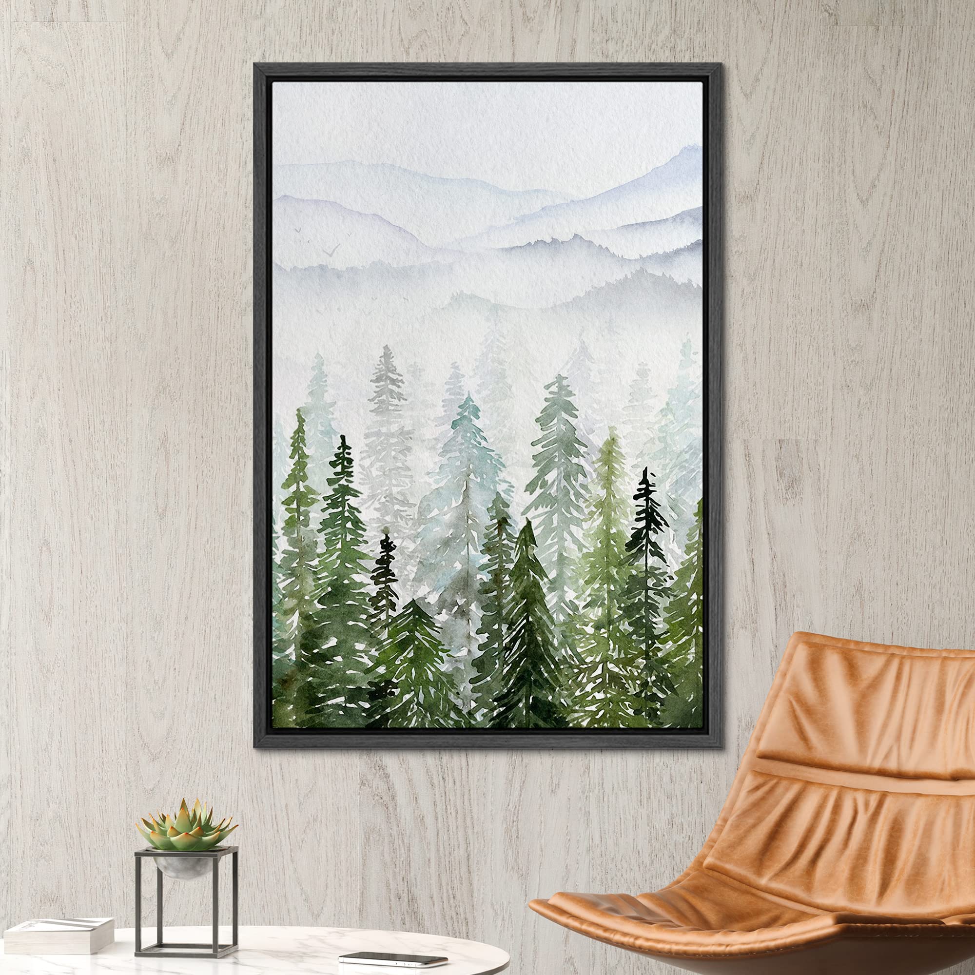 Signwin Framed Canvas Print Wall Art Woodland Nursery Decor Pastel Watercolor Pine Tree Mountain Nature Modern Art Decorative La