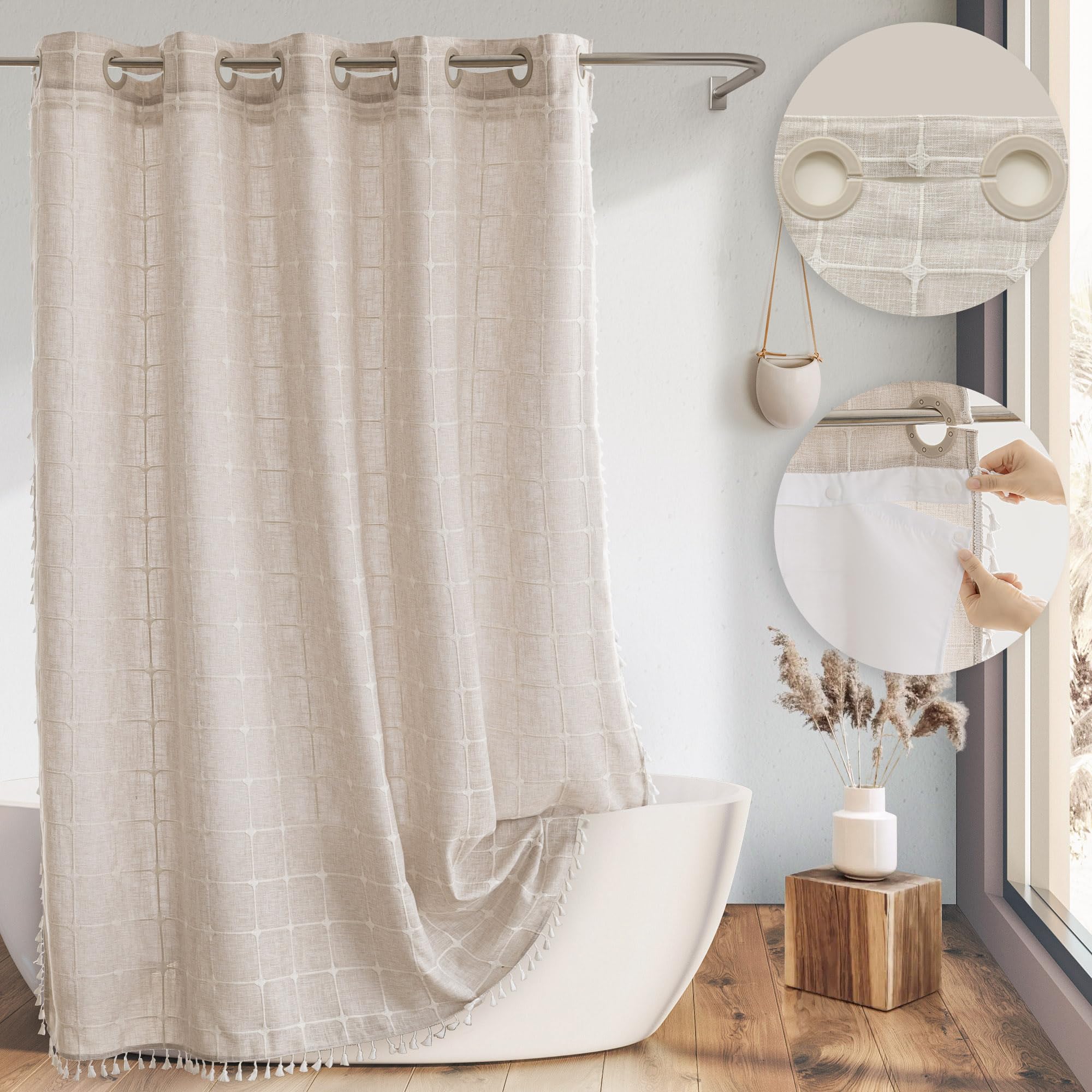 River Dream Linen Farmhouse Shower Curtain With Snap-In Liner, No Hooks Needed,With Magnets,With Tassels,Water Repellent&Machine