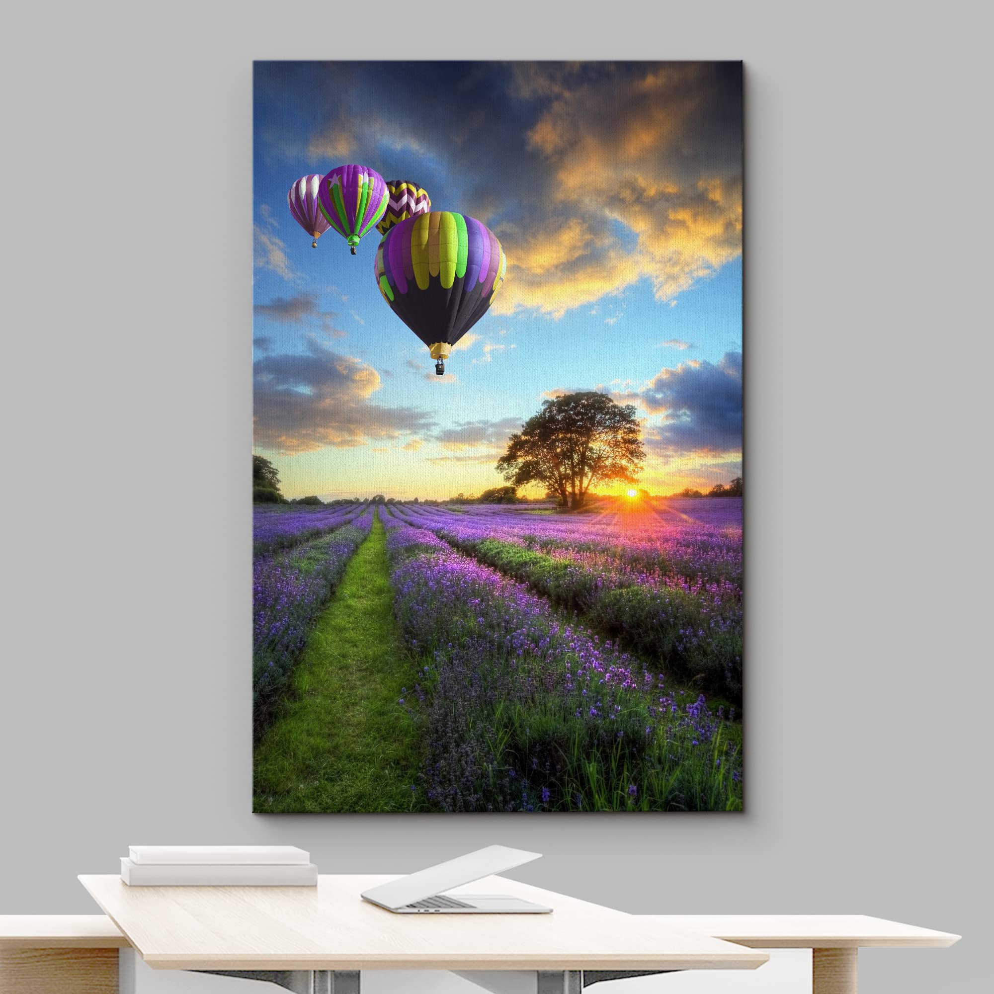 Wall26 Framed Canvas Print Wall Art Sunset Hot Air Balloons Over Lavender Flowers Nature Wilderness Photography Realism Chic Sce