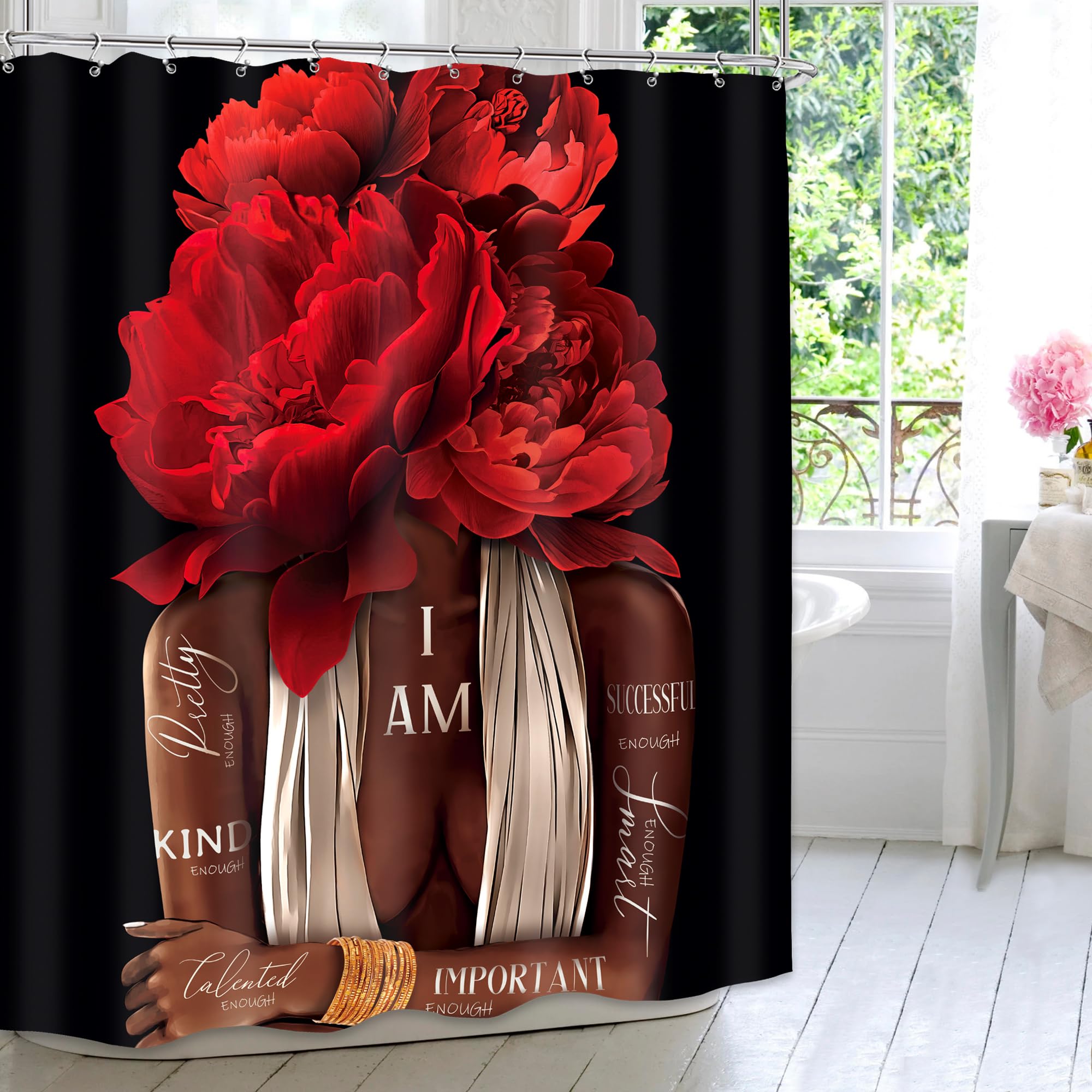 Meshelly Red Black Girl Shower Curtain 60Wx72H African American Burgundy Rose Peony Floral Bathroom Curtain Black Woman Positive