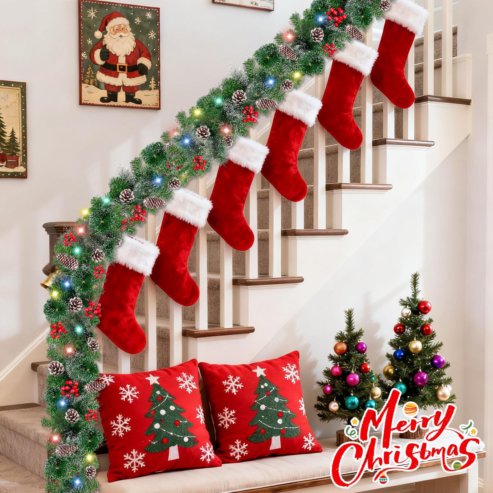 [ Timer & 8 Modes ] TURNMEON 9 Ft Christmas Garland with 50 Colorful Lights Thicker 270 Branchs Tips 10 Pinecones 70 Red Berries