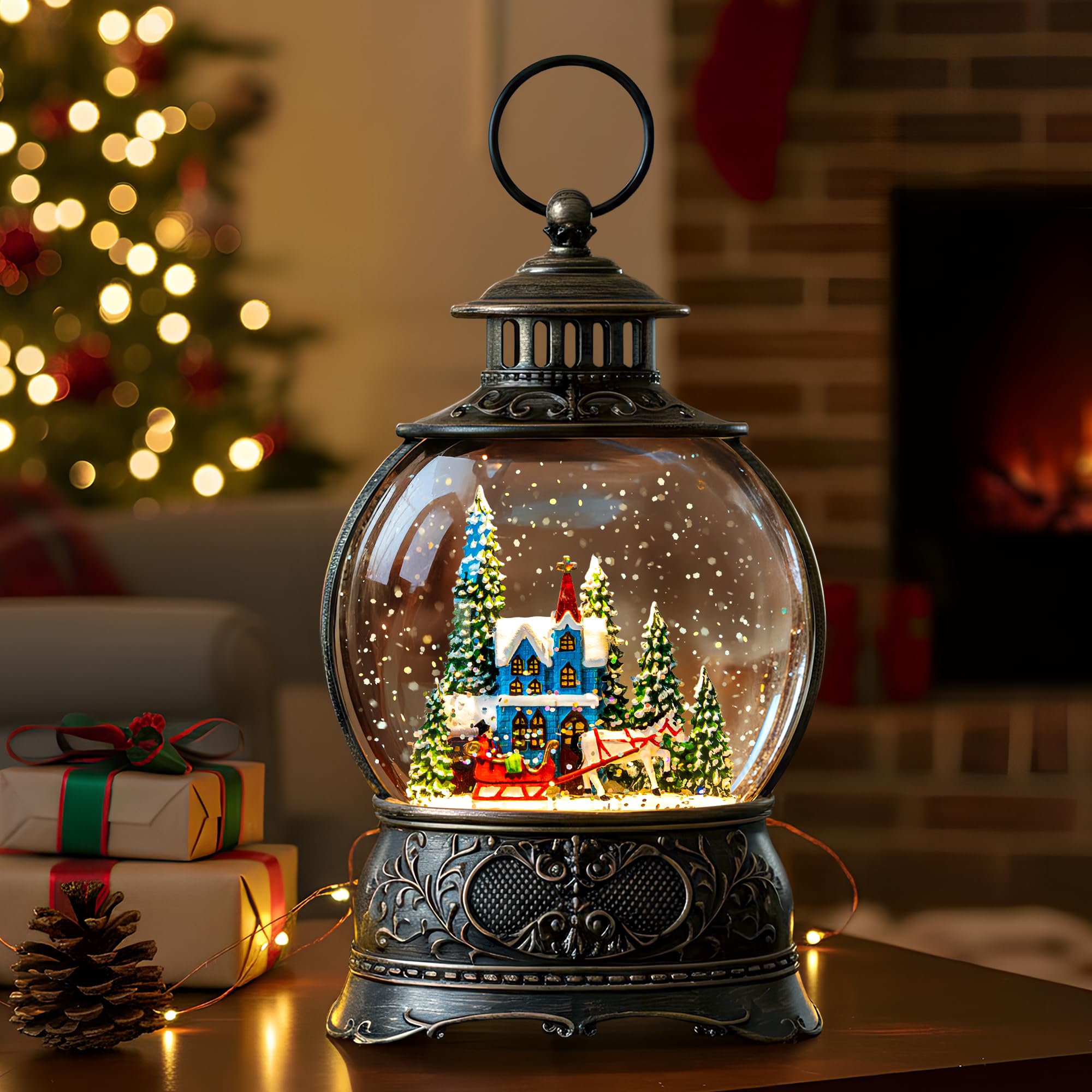 Christmas Village Snow Globe Water Lantern with Horse and Town Scene Battery Operated or USB Powered Musical Lighted Holiday Dec