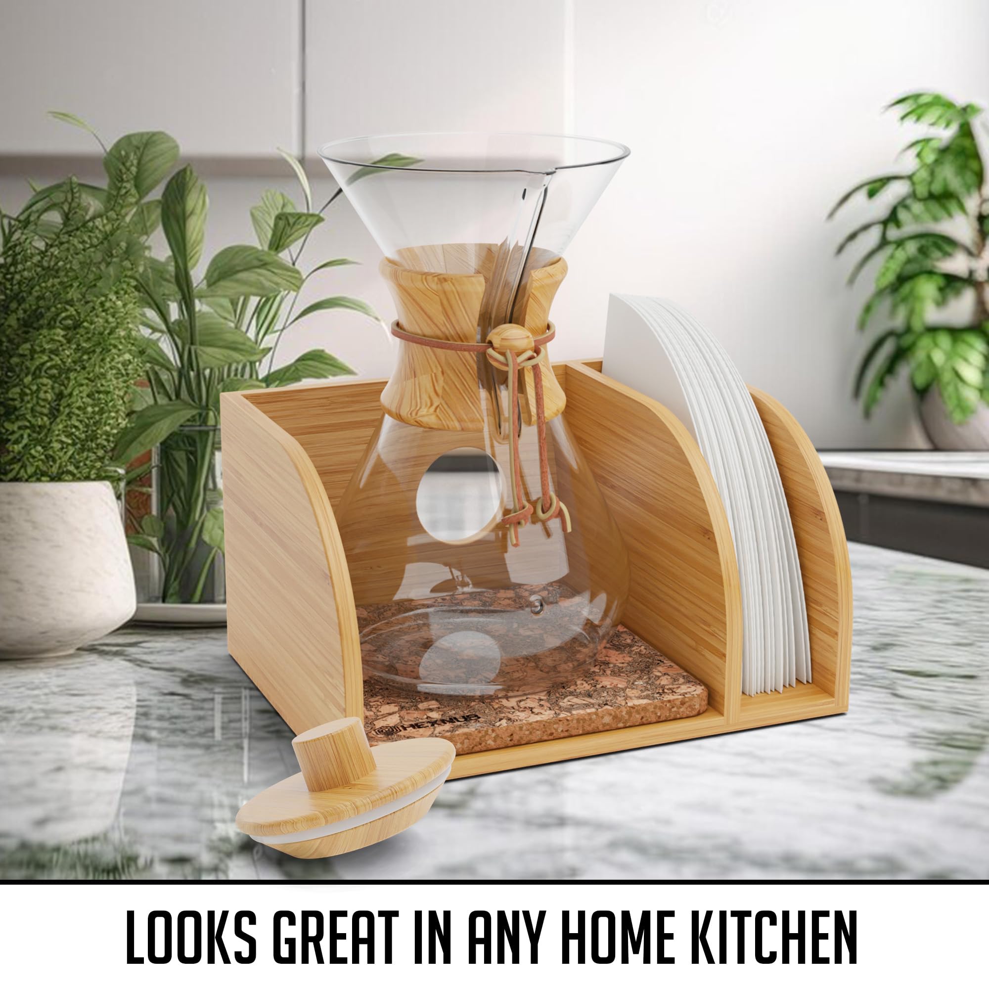 Hexnub - Caddy And Lid For Pour Over Coffee Maker, Bamboo Stand Fits Chemex, Bodum, Cosori Coffee Carafes, Heatproof Mat, Filter